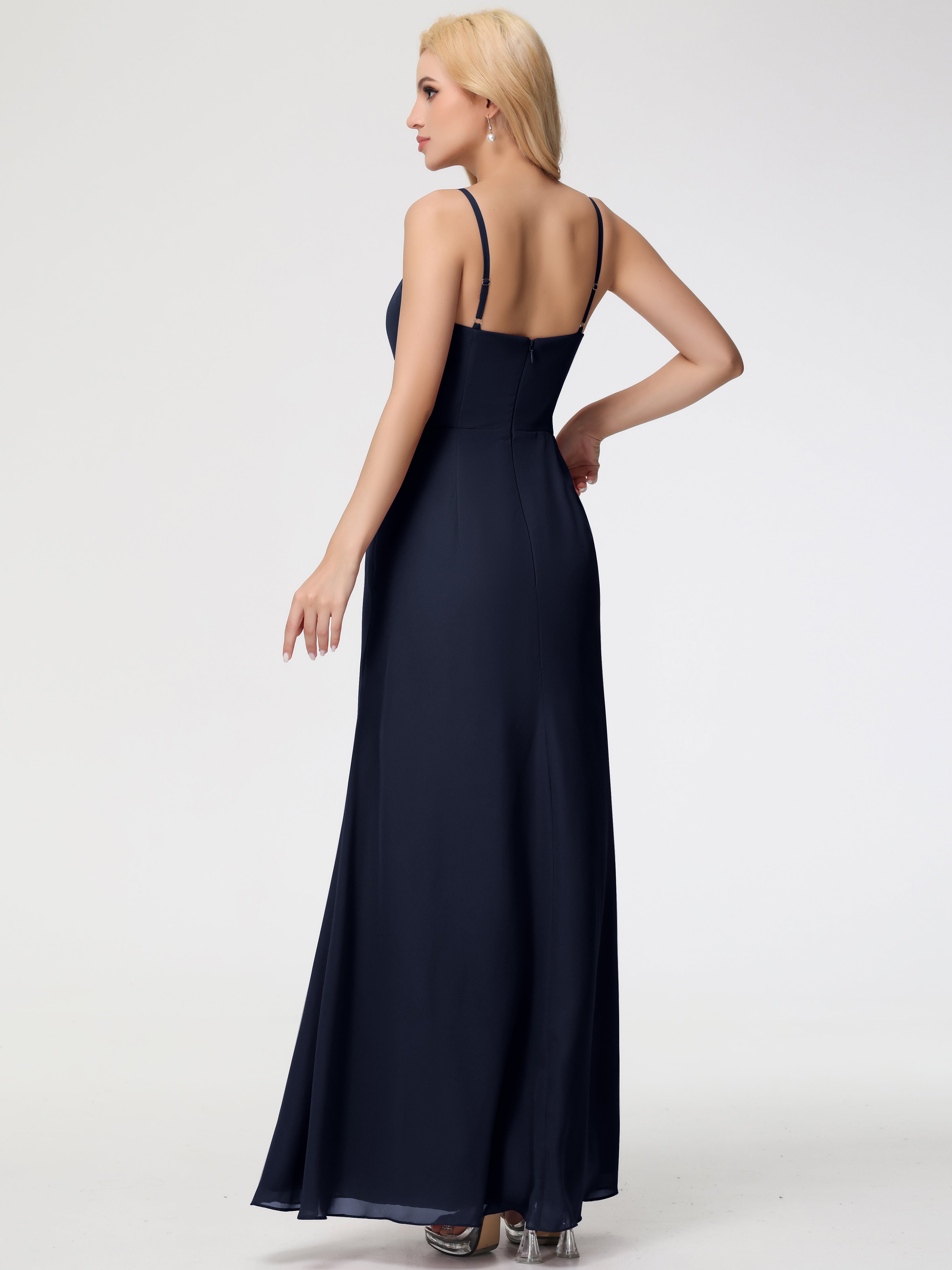 V-Neck Sheath/Column Sleeveless Spaghetti Straps Chiffon Bridesmaid Dresses With Split
