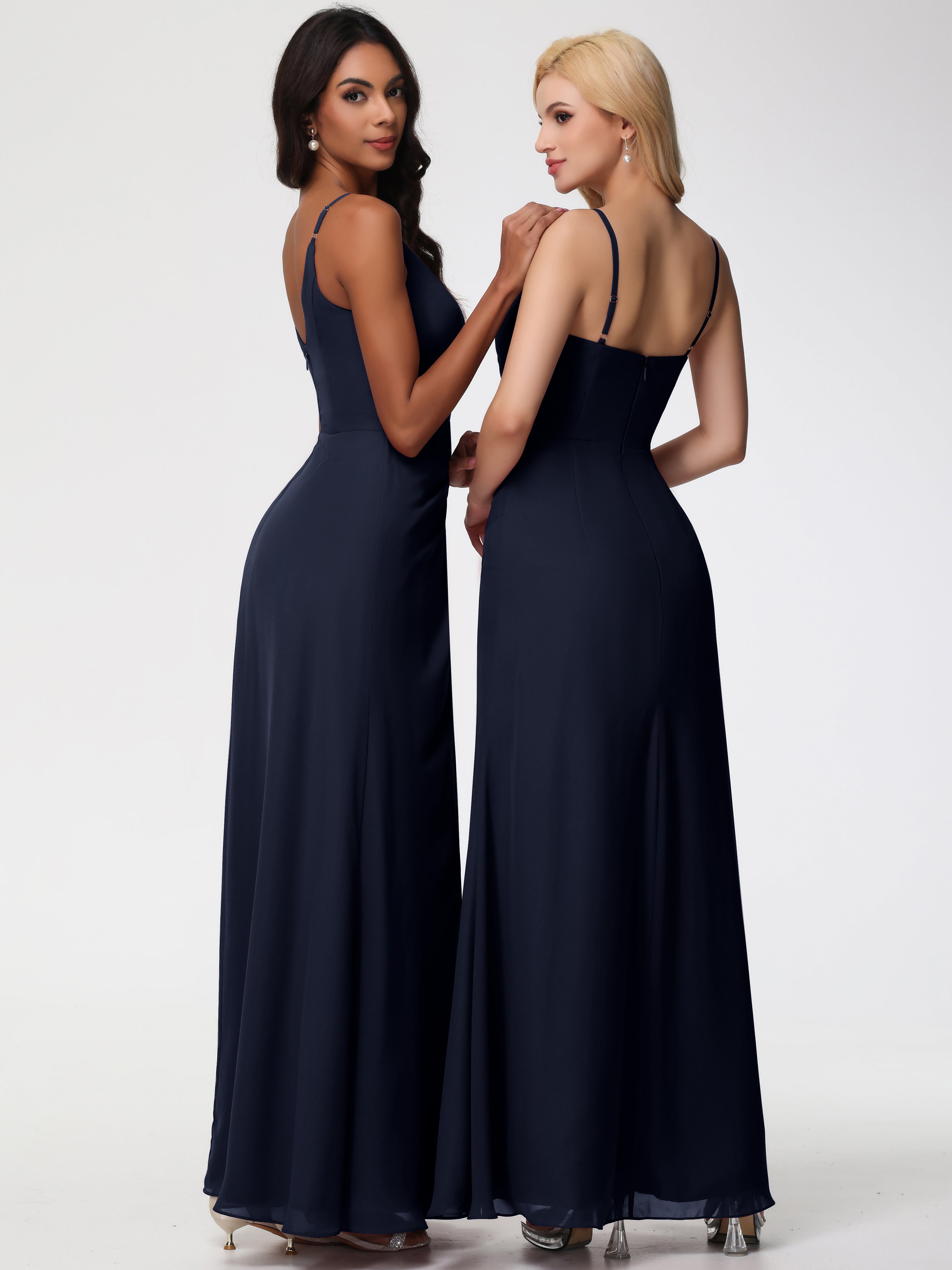 V-Neck Sheath/Column Sleeveless Spaghetti Straps Chiffon Bridesmaid Dresses With Split