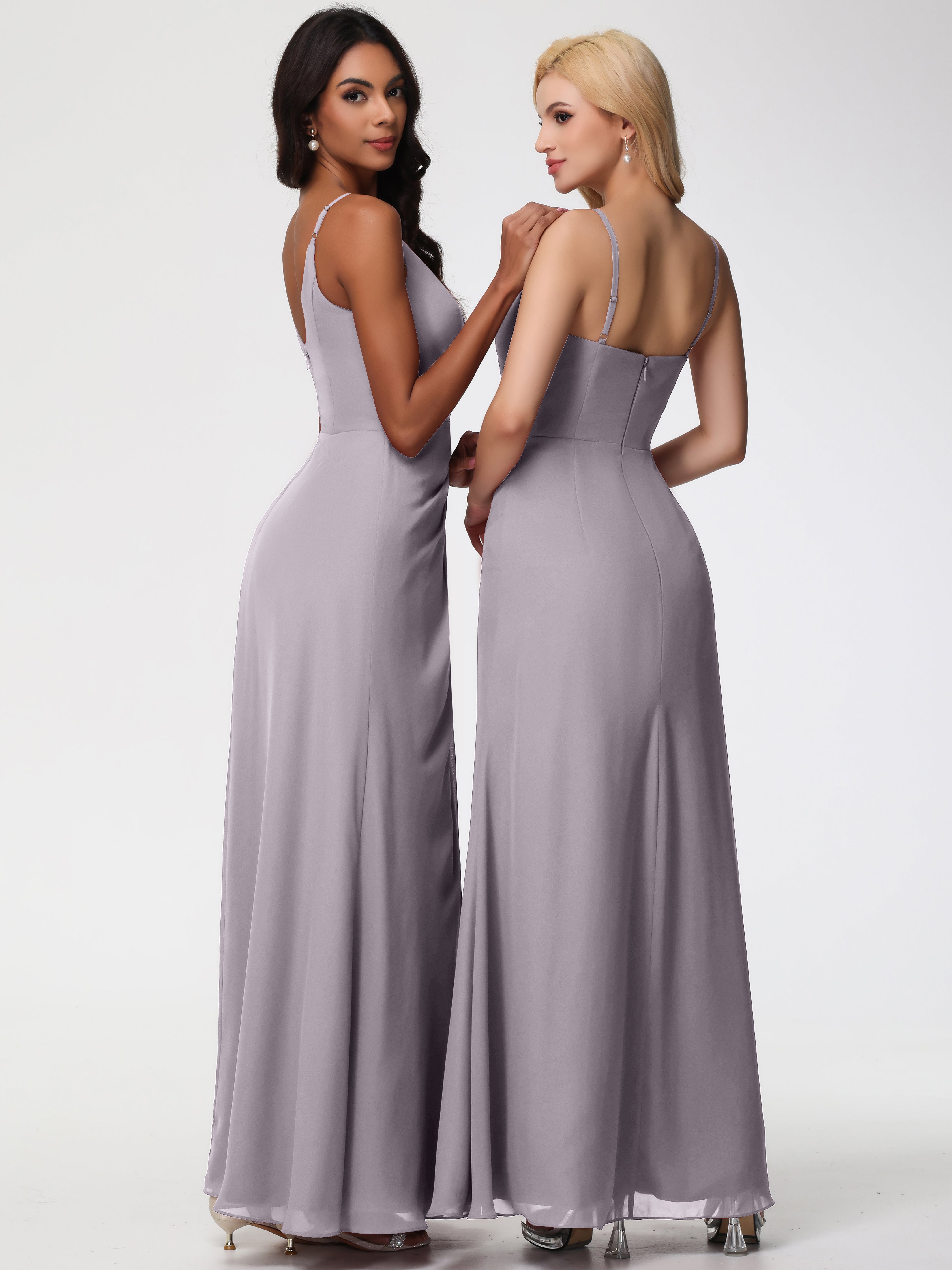 V-Neck Sheath/Column Sleeveless Spaghetti Straps Chiffon Bridesmaid Dresses With Split