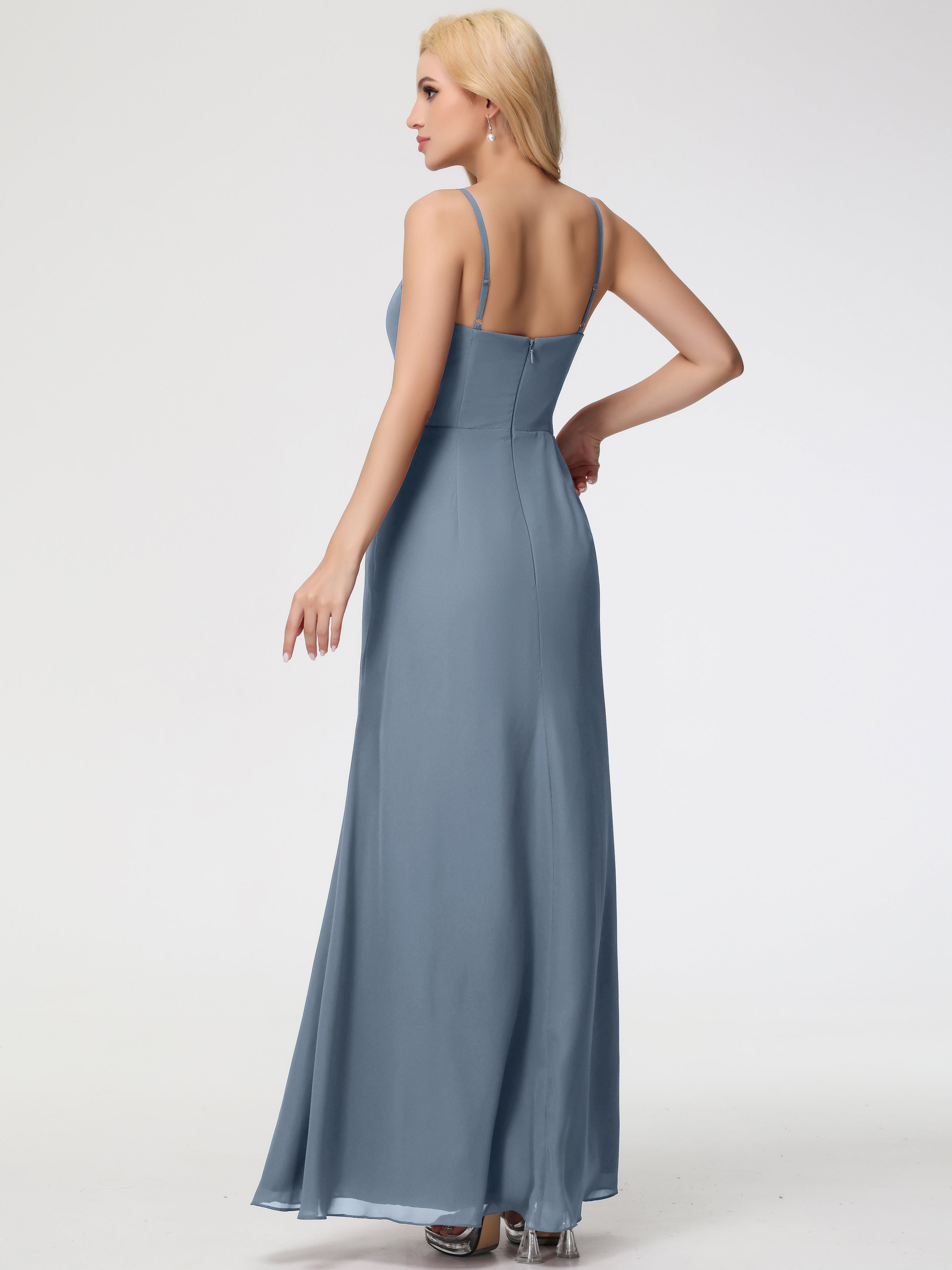 V-Neck Sheath/Column Sleeveless Spaghetti Straps Chiffon Bridesmaid Dresses With Split