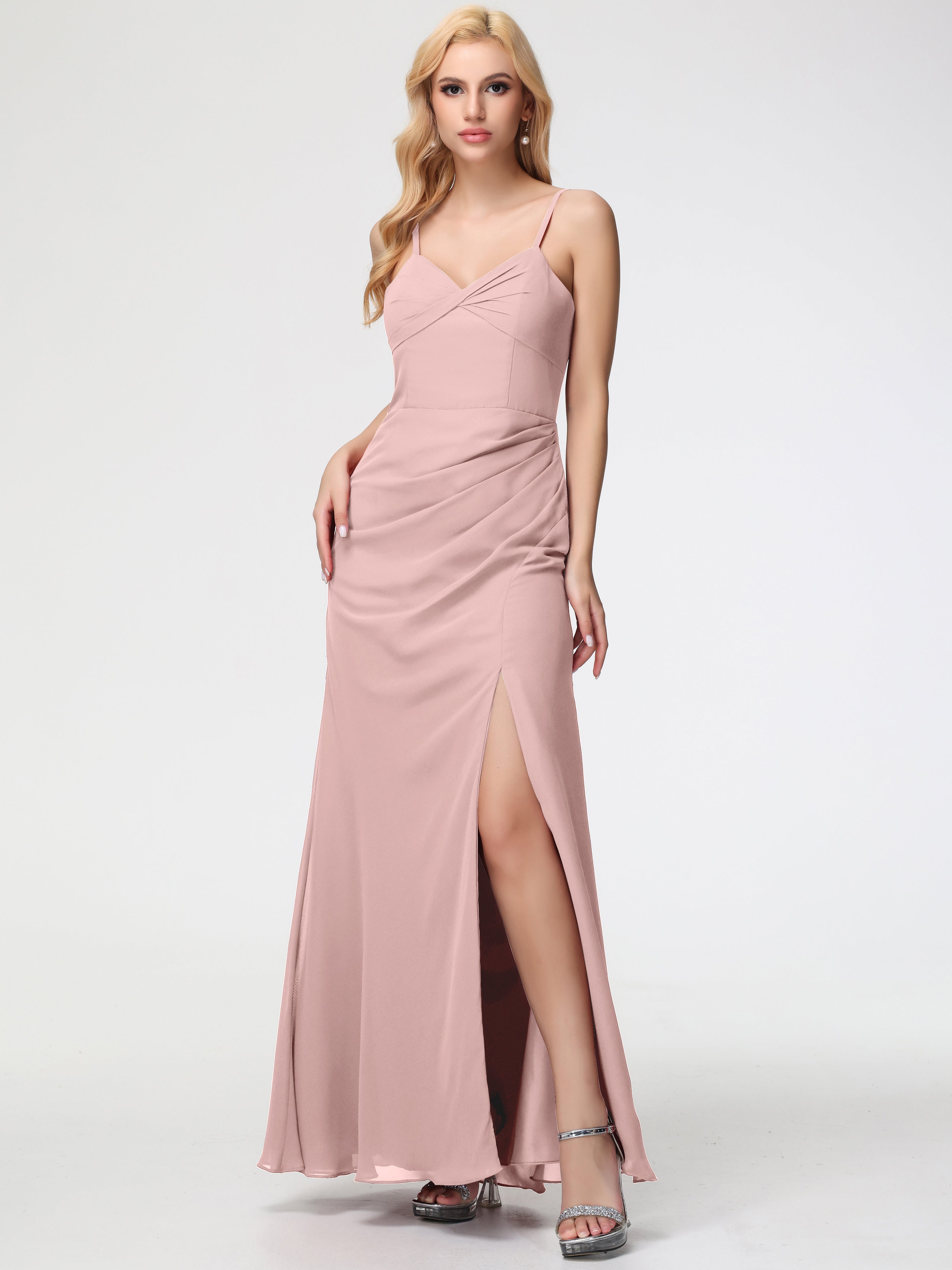 V-Neck Sheath/Column Sleeveless Spaghetti Straps Chiffon Bridesmaid Dresses With Split