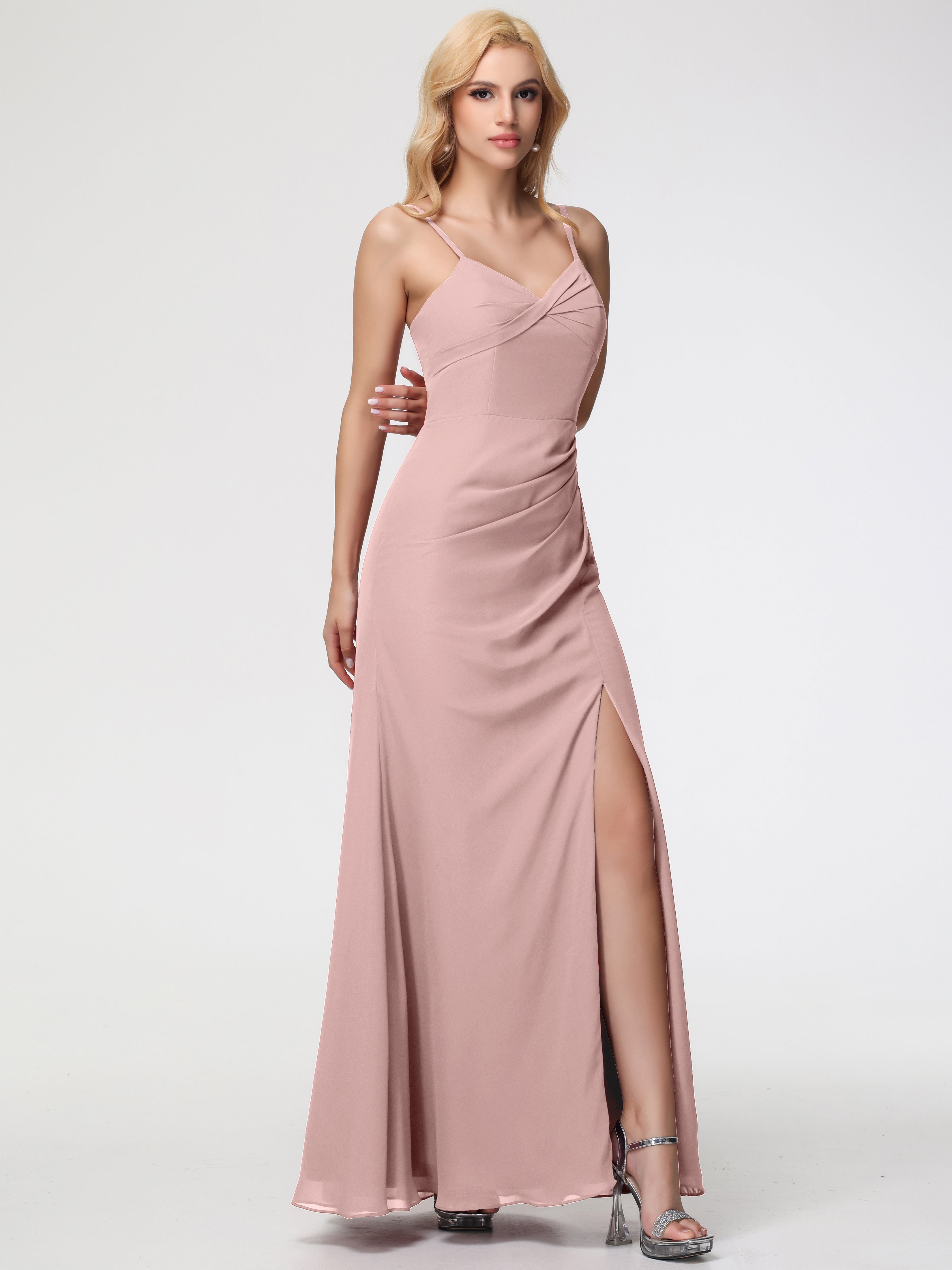 V-Neck Sheath/Column Sleeveless Spaghetti Straps Chiffon Bridesmaid Dresses With Split