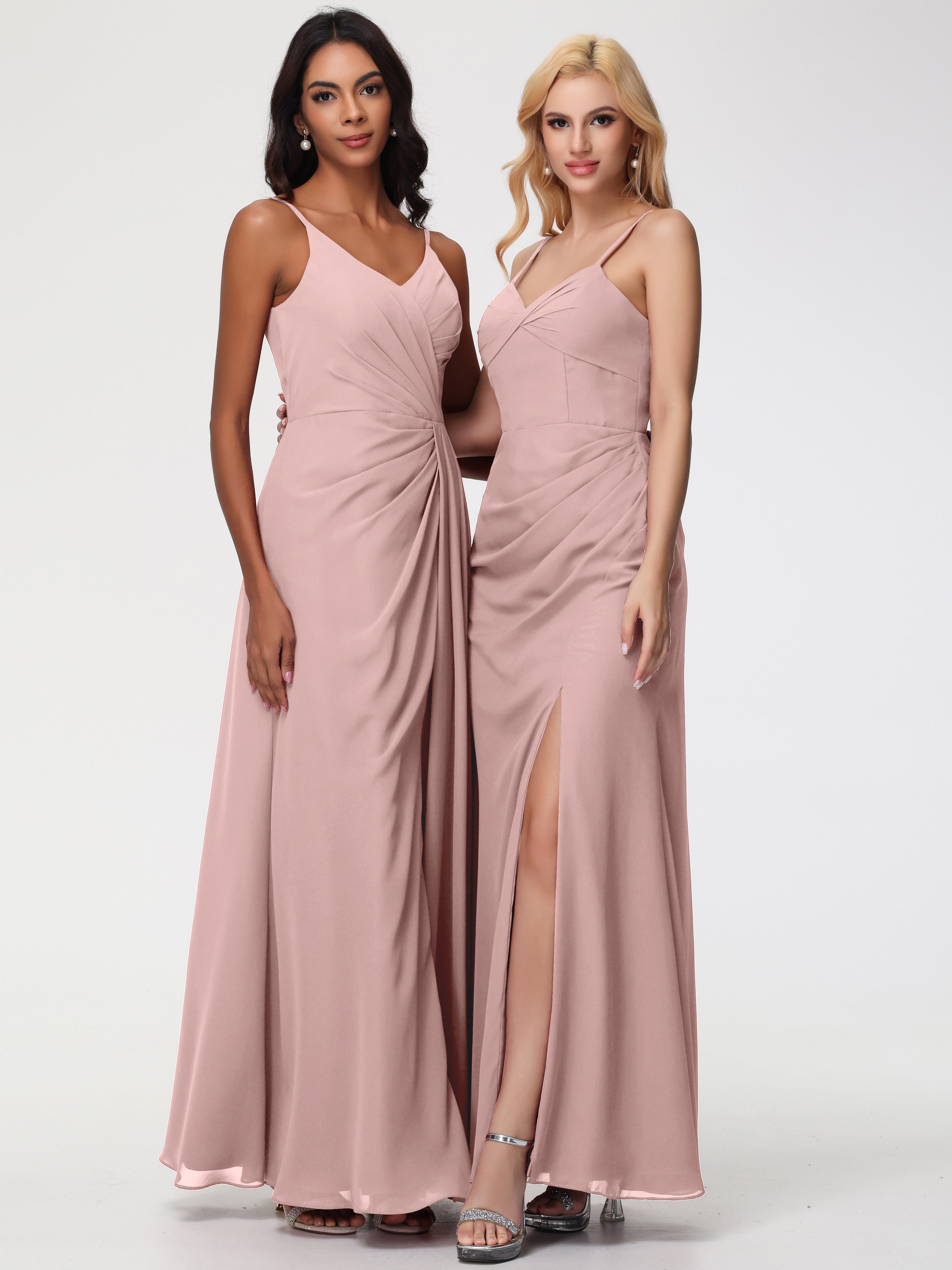 V-Neck Sheath/Column Sleeveless Spaghetti Straps Chiffon Bridesmaid Dresses With Split