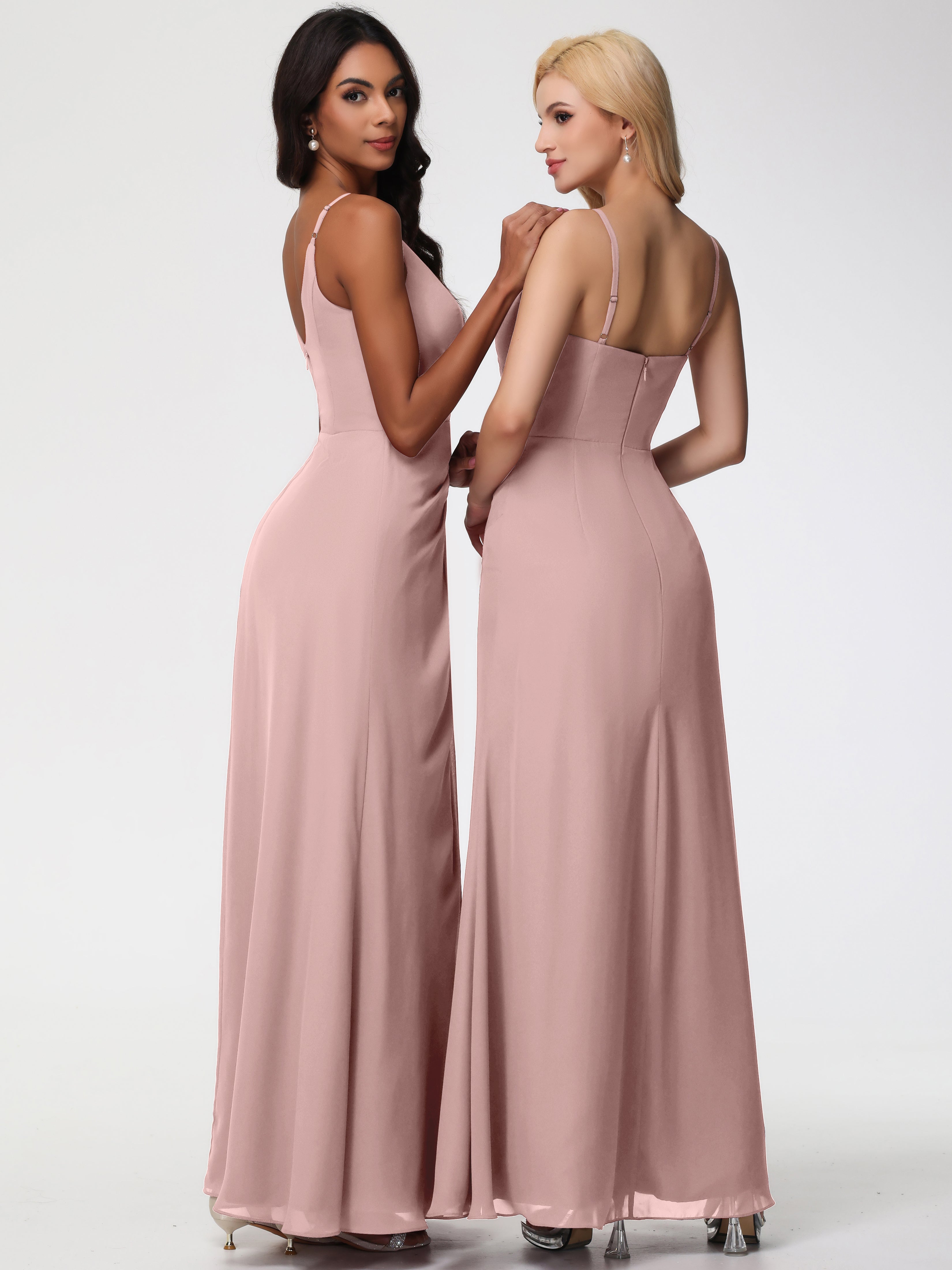 V-Neck Sheath/Column Sleeveless Spaghetti Straps Chiffon Bridesmaid Dresses With Split