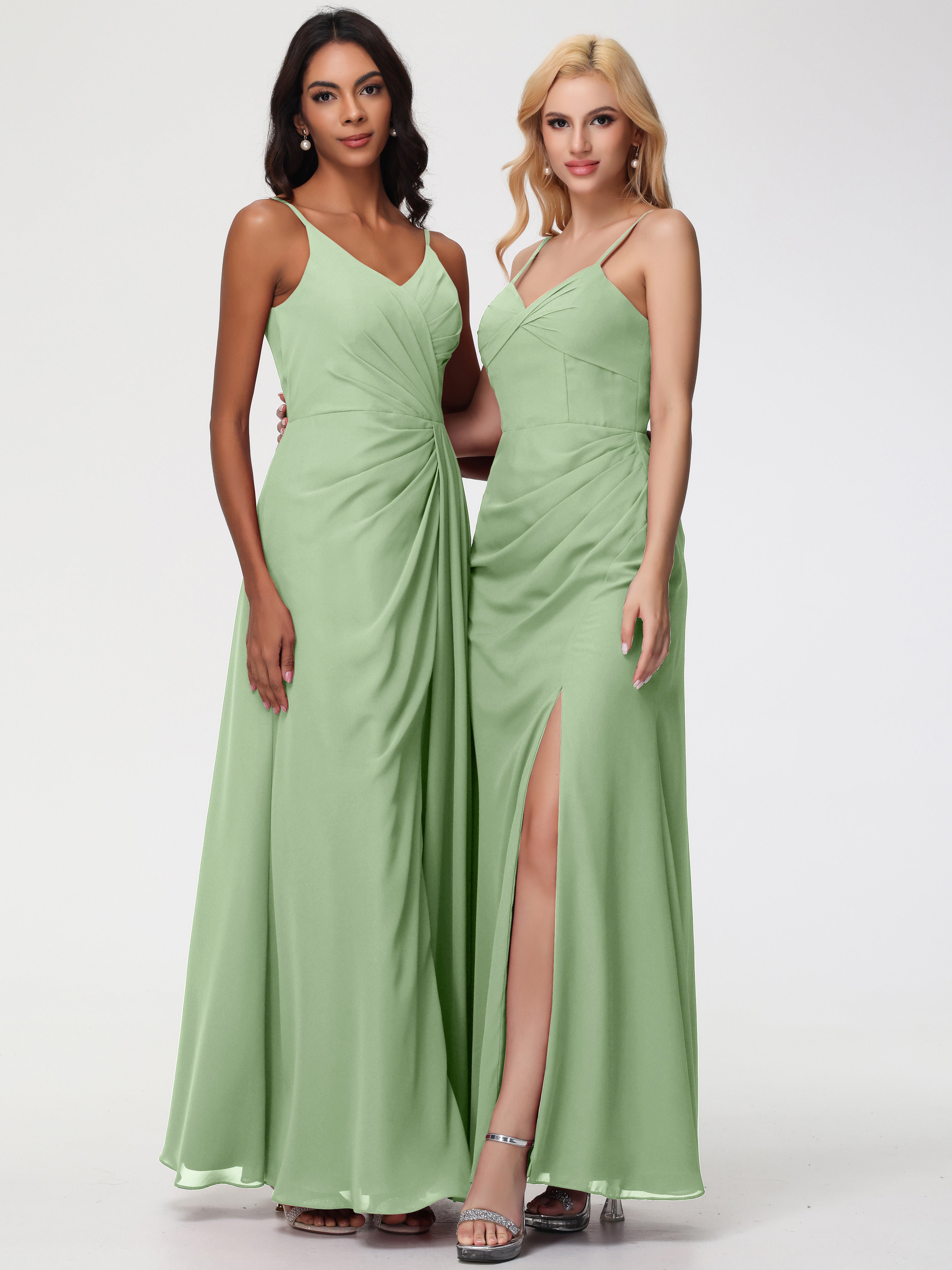 V-Neck Sheath/Column Sleeveless Spaghetti Straps Chiffon Bridesmaid Dresses With Split