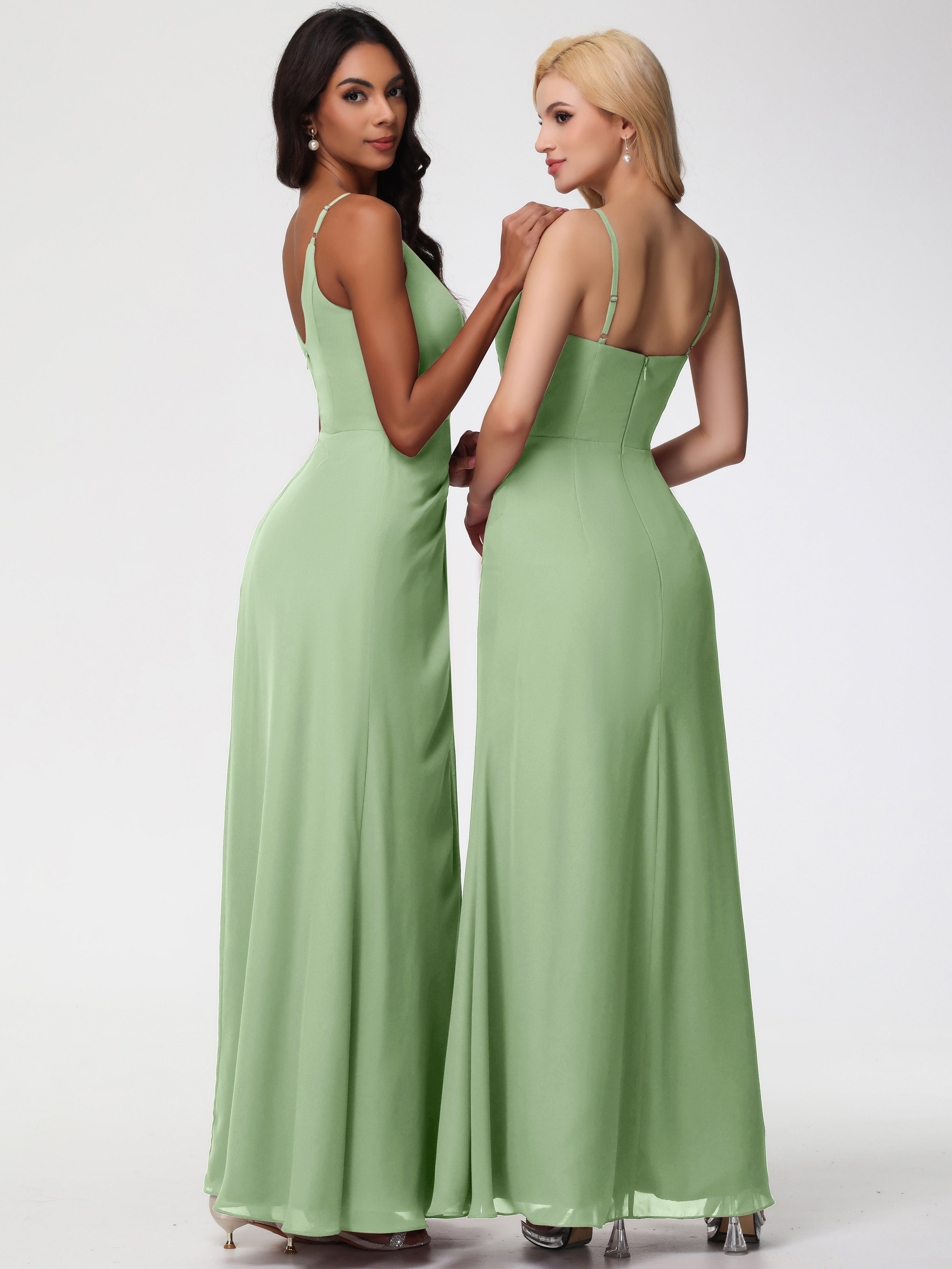 V-Neck Sheath/Column Sleeveless Spaghetti Straps Chiffon Bridesmaid Dresses With Split