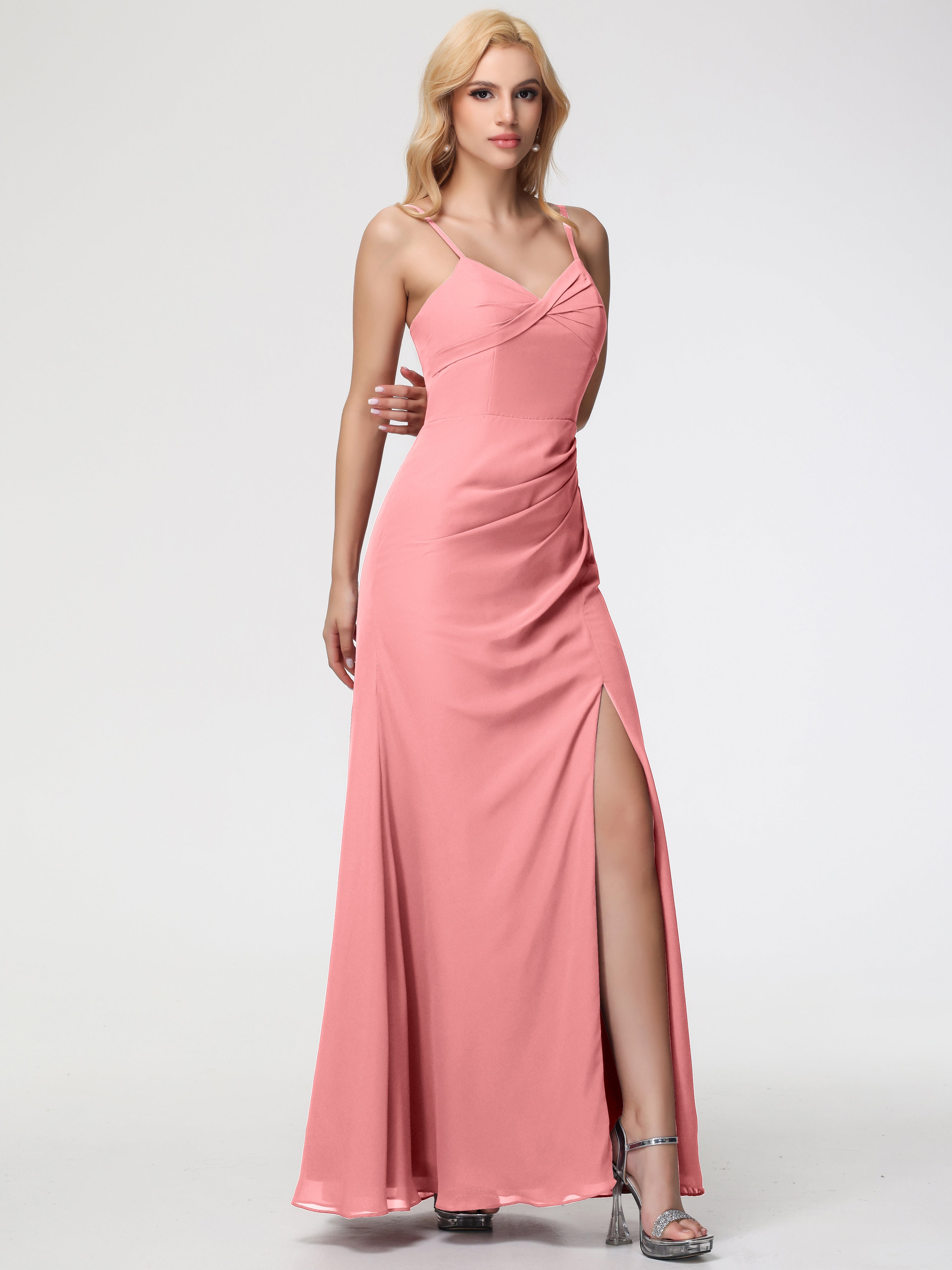 V-Neck Sheath/Column Sleeveless Spaghetti Straps Chiffon Bridesmaid Dresses With Split