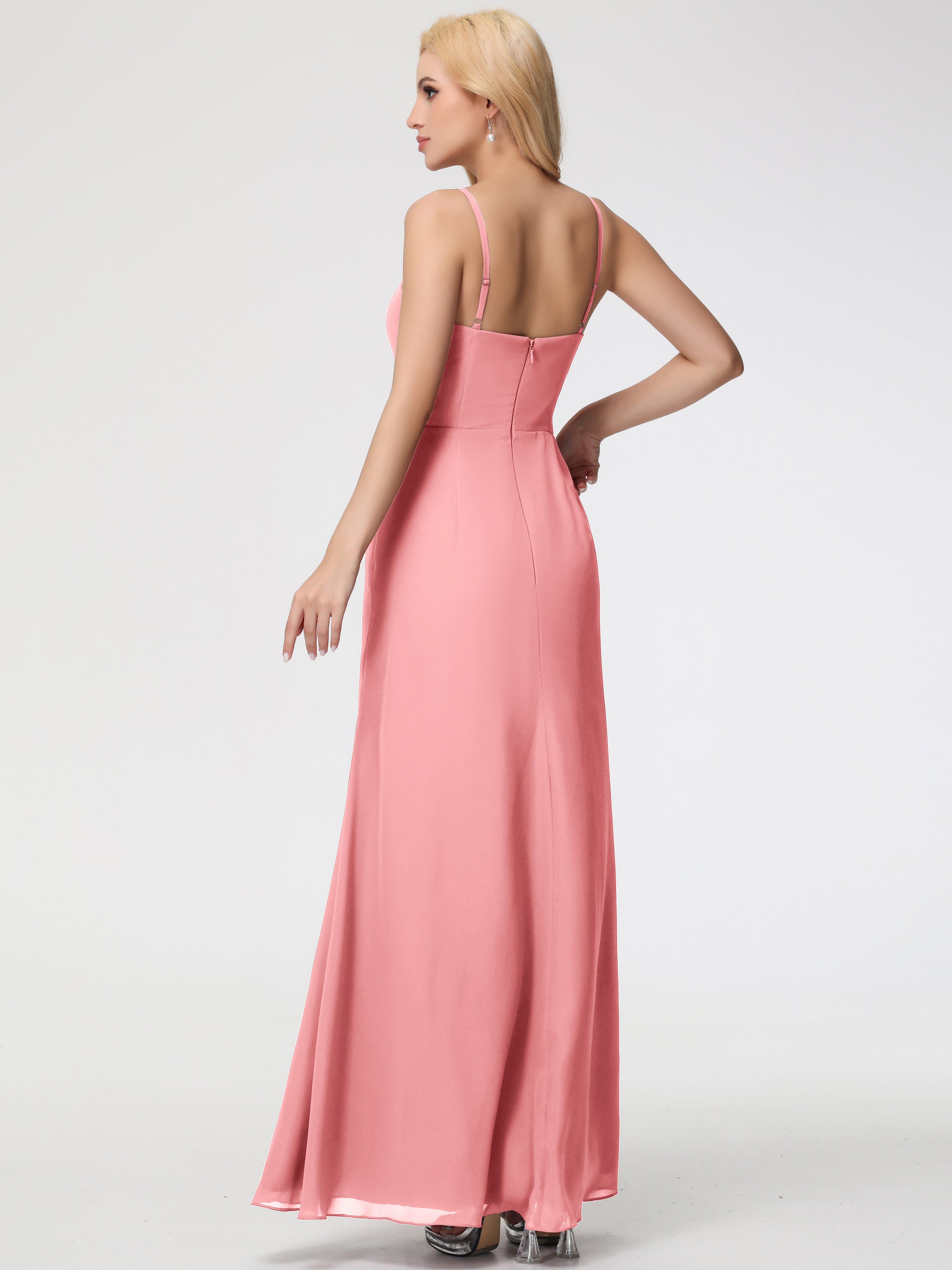 V-Neck Sheath/Column Sleeveless Spaghetti Straps Chiffon Bridesmaid Dresses With Split