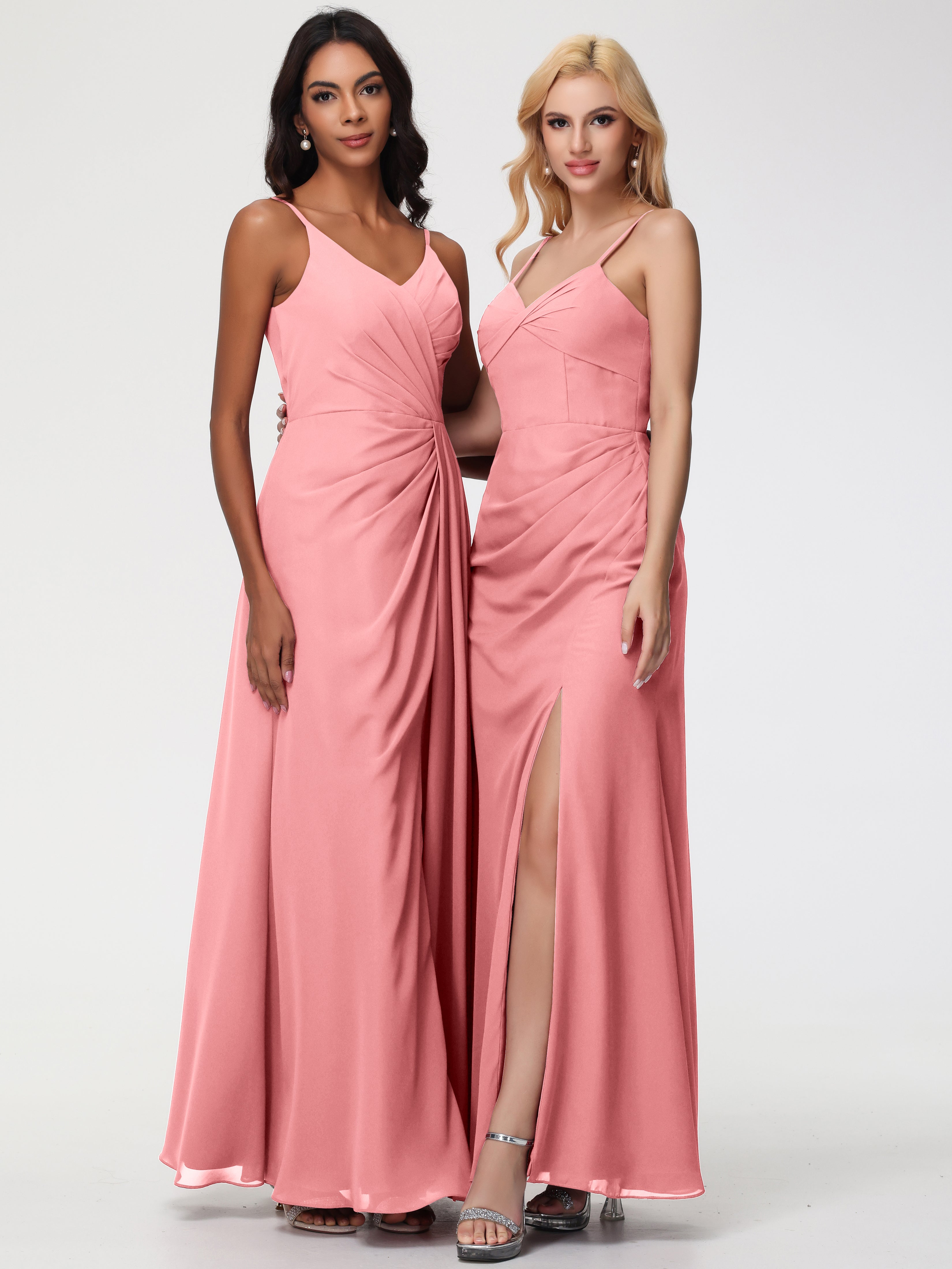 V-Neck Sheath/Column Sleeveless Spaghetti Straps Chiffon Bridesmaid Dresses With Split