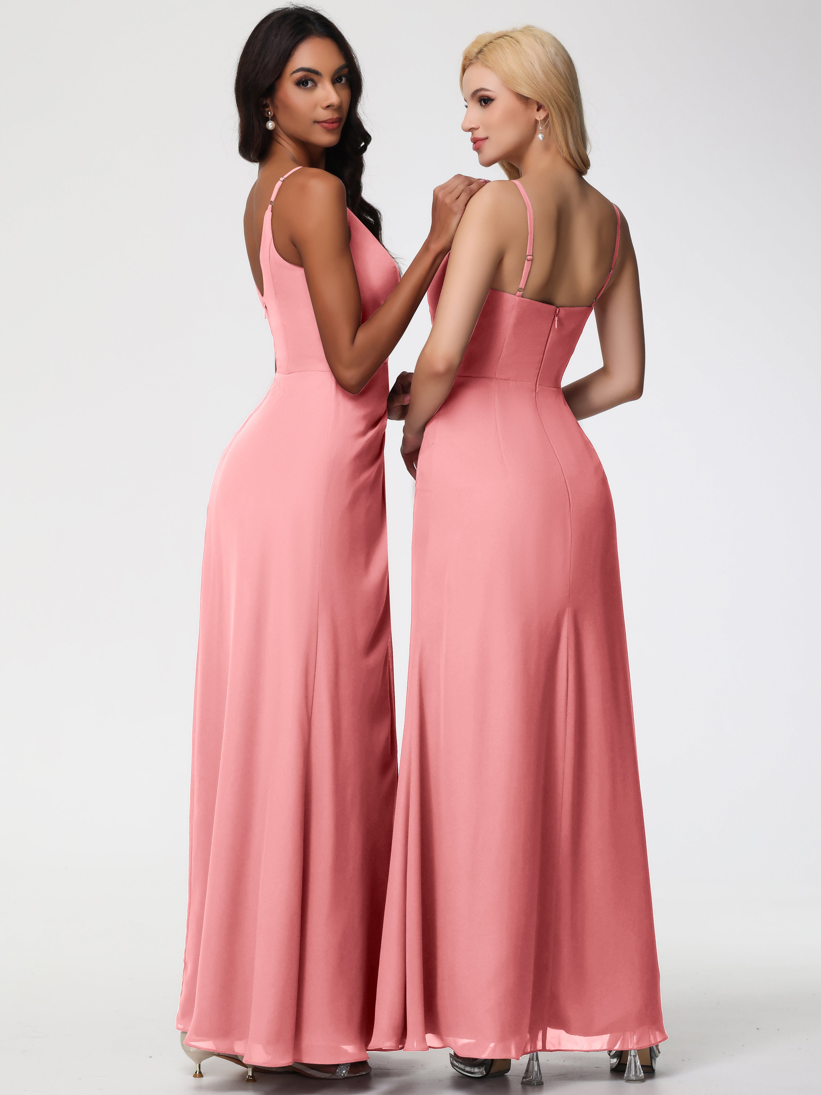 V-Neck Sheath/Column Sleeveless Spaghetti Straps Chiffon Bridesmaid Dresses With Split