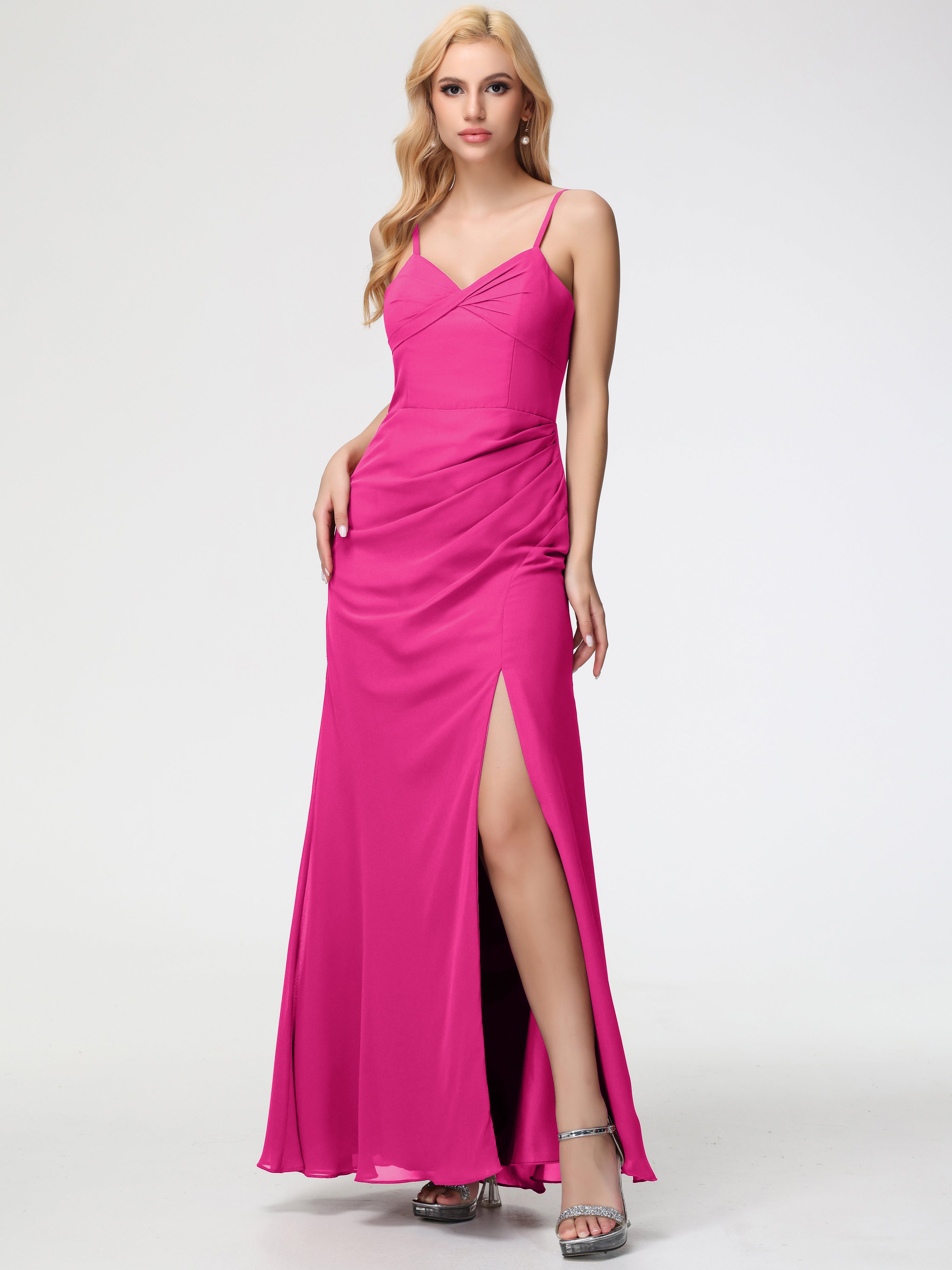 V-Neck Sheath/Column Sleeveless Spaghetti Straps Chiffon Bridesmaid Dresses With Split