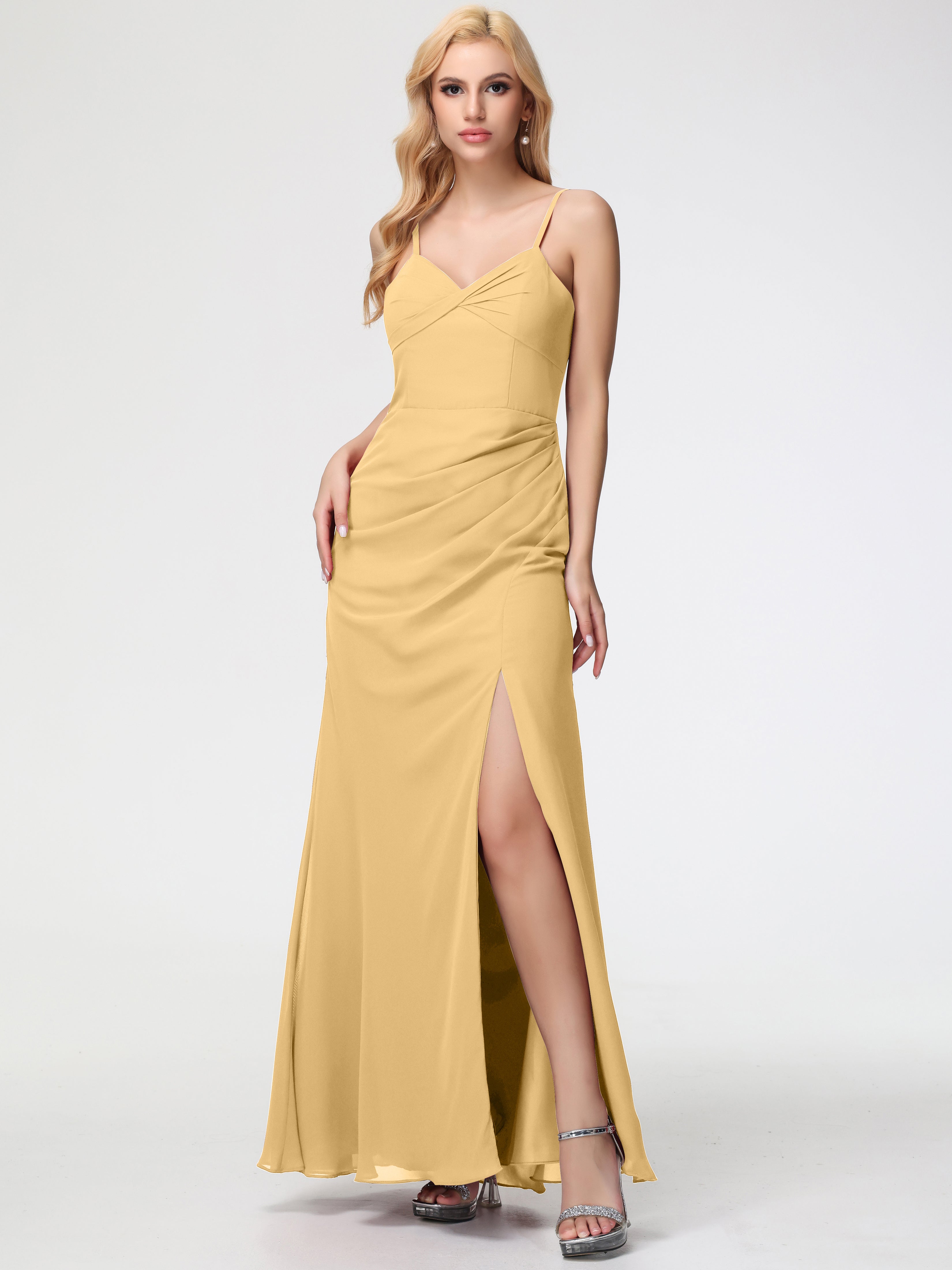 V-Neck Sheath/Column Sleeveless Spaghetti Straps Chiffon Bridesmaid Dresses With Split