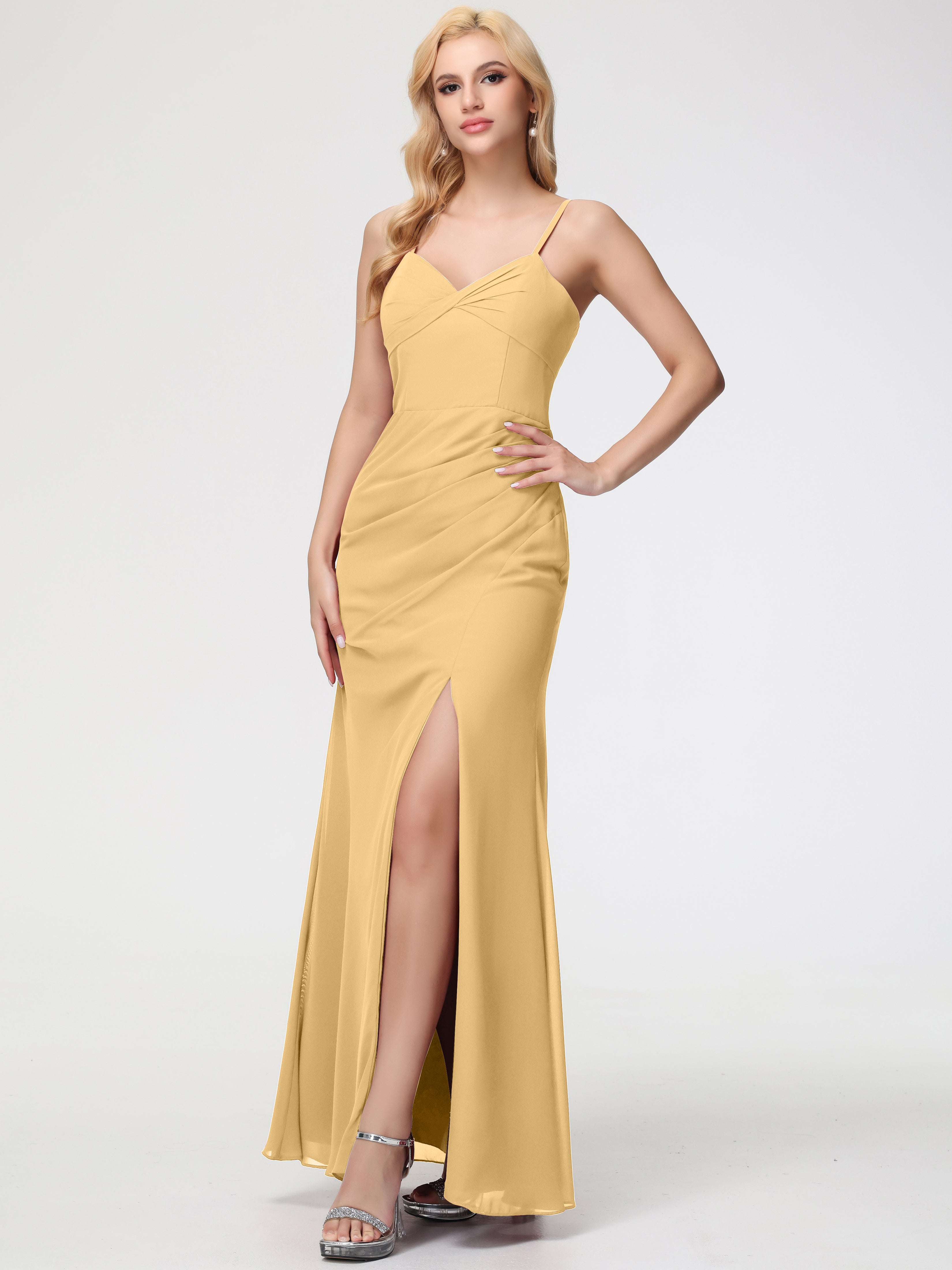 V-Neck Sheath/Column Sleeveless Spaghetti Straps Chiffon Bridesmaid Dresses With Split
