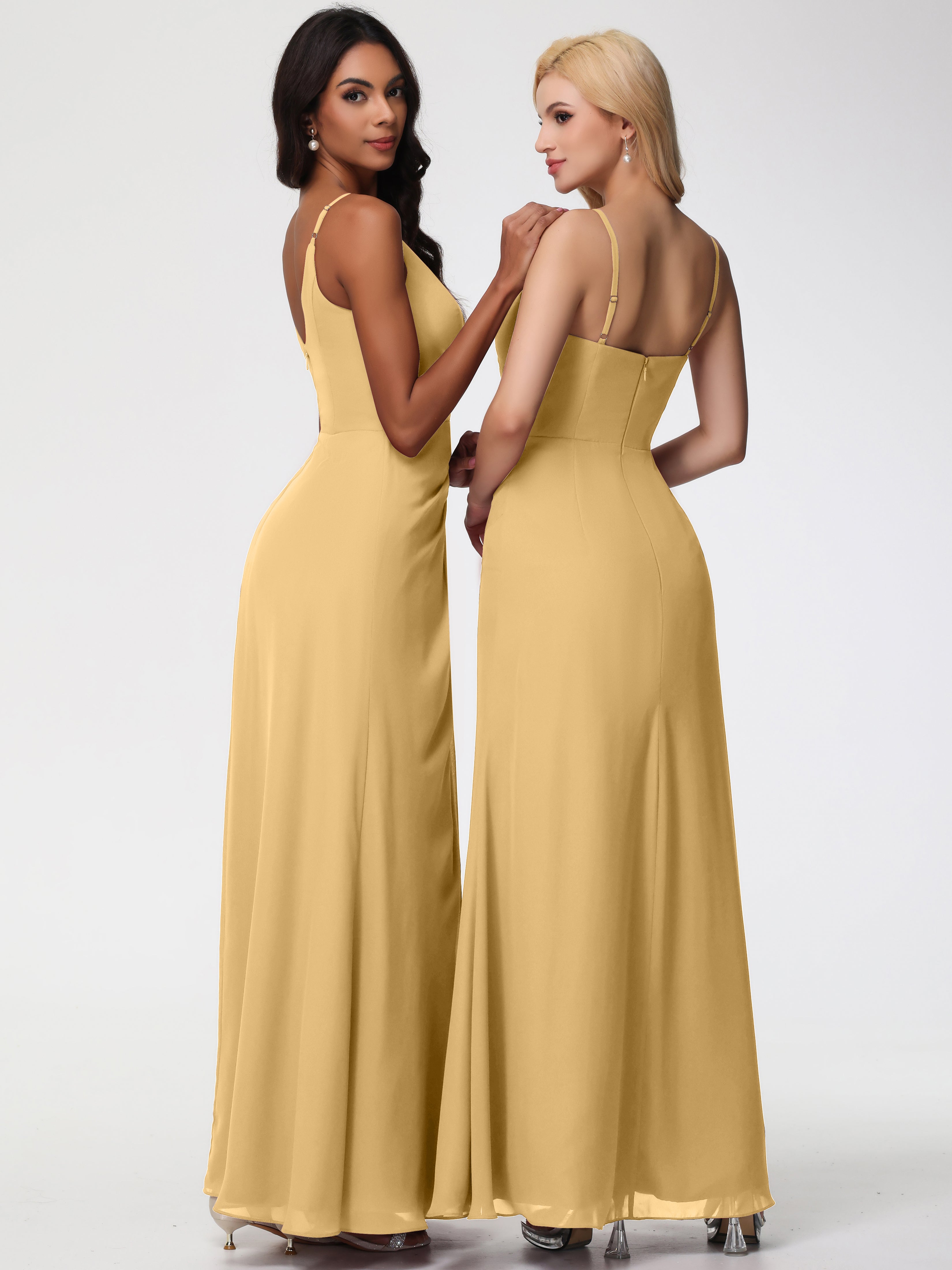 V-Neck Sheath/Column Sleeveless Spaghetti Straps Chiffon Bridesmaid Dresses With Split