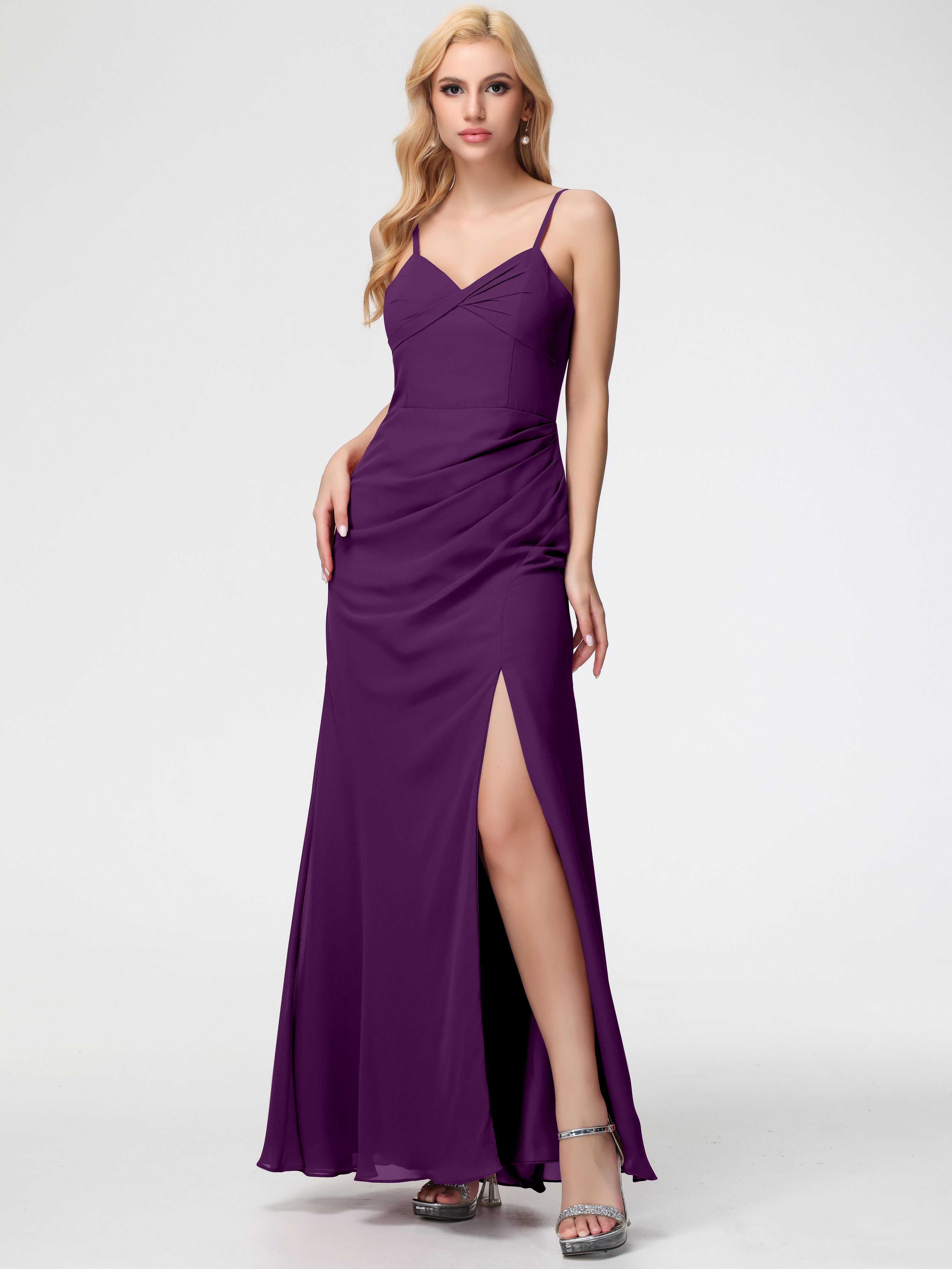 V-Neck Sheath/Column Sleeveless Spaghetti Straps Chiffon Bridesmaid Dresses With Split