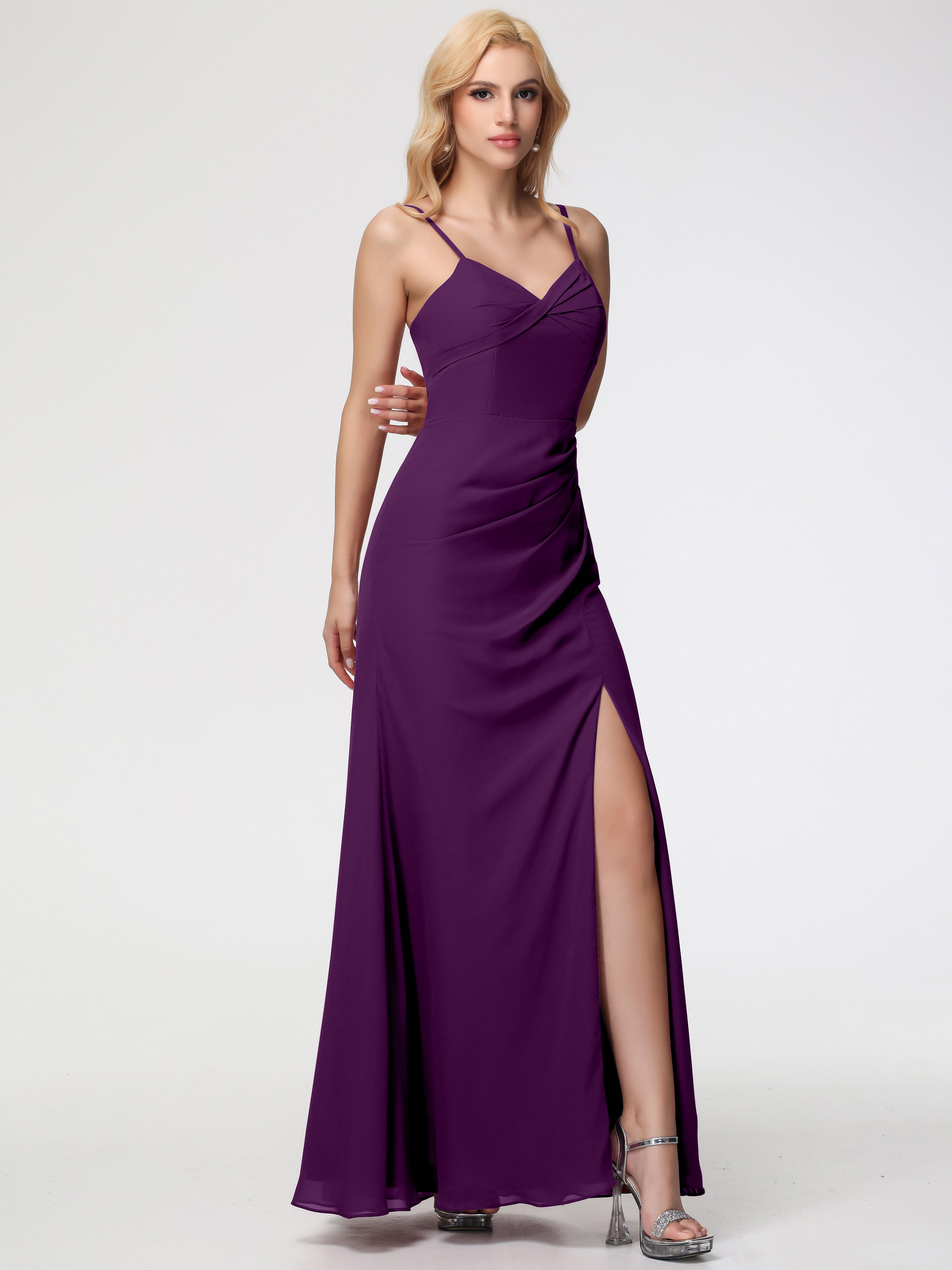 V-Neck Sheath/Column Sleeveless Spaghetti Straps Chiffon Bridesmaid Dresses With Split