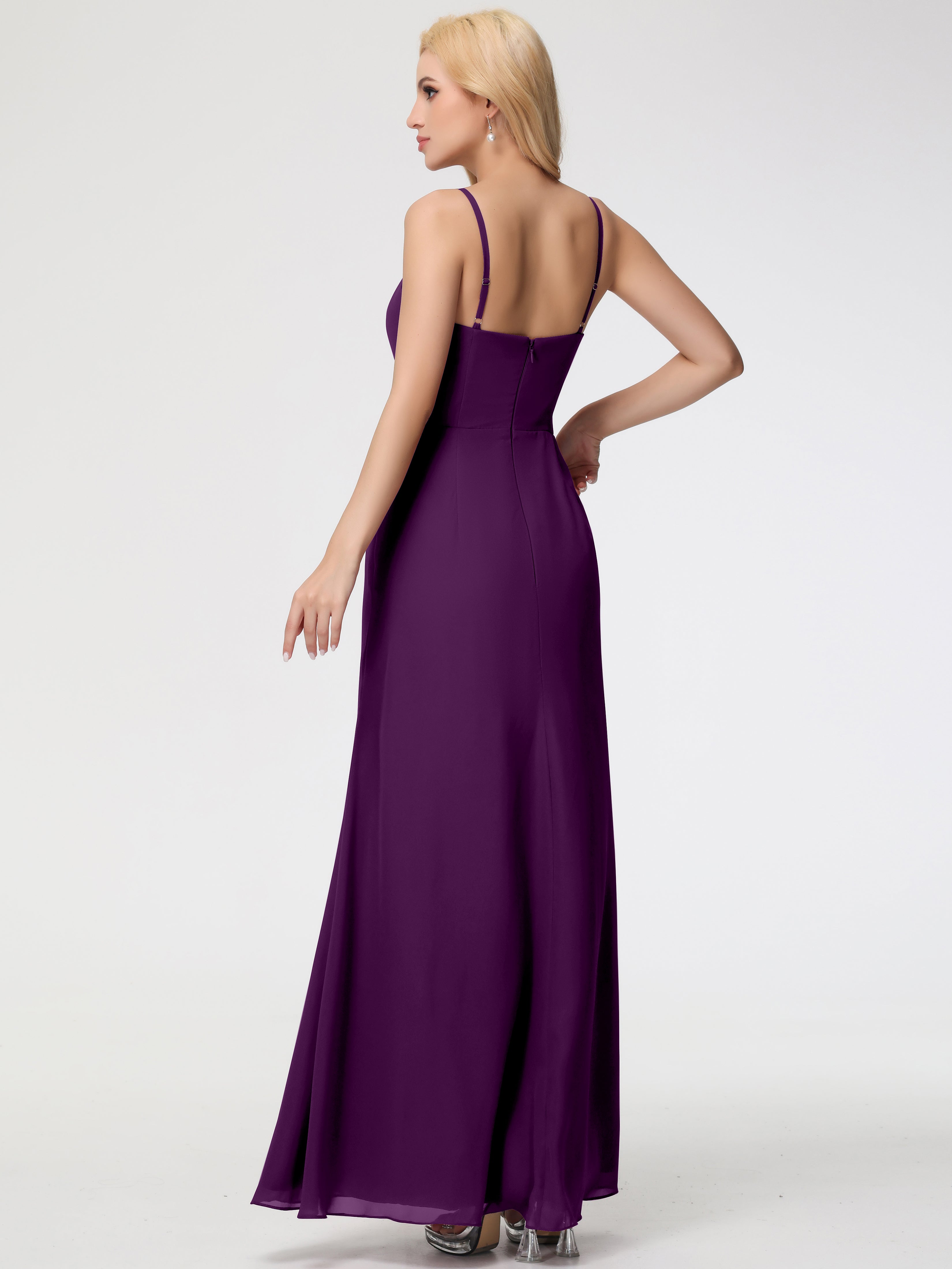 V-Neck Sheath/Column Sleeveless Spaghetti Straps Chiffon Bridesmaid Dresses With Split