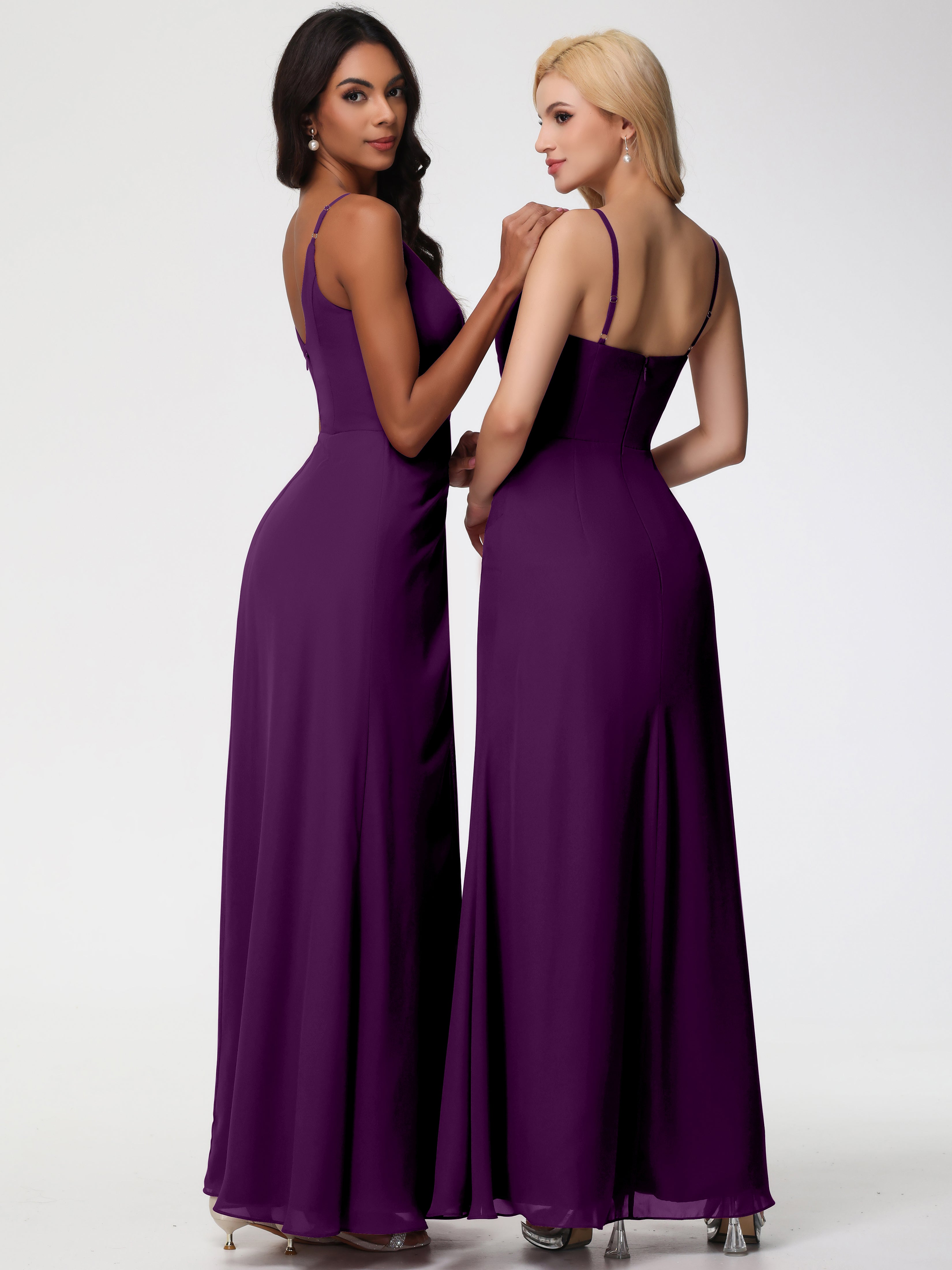 V-Neck Sheath/Column Sleeveless Spaghetti Straps Chiffon Bridesmaid Dresses With Split
