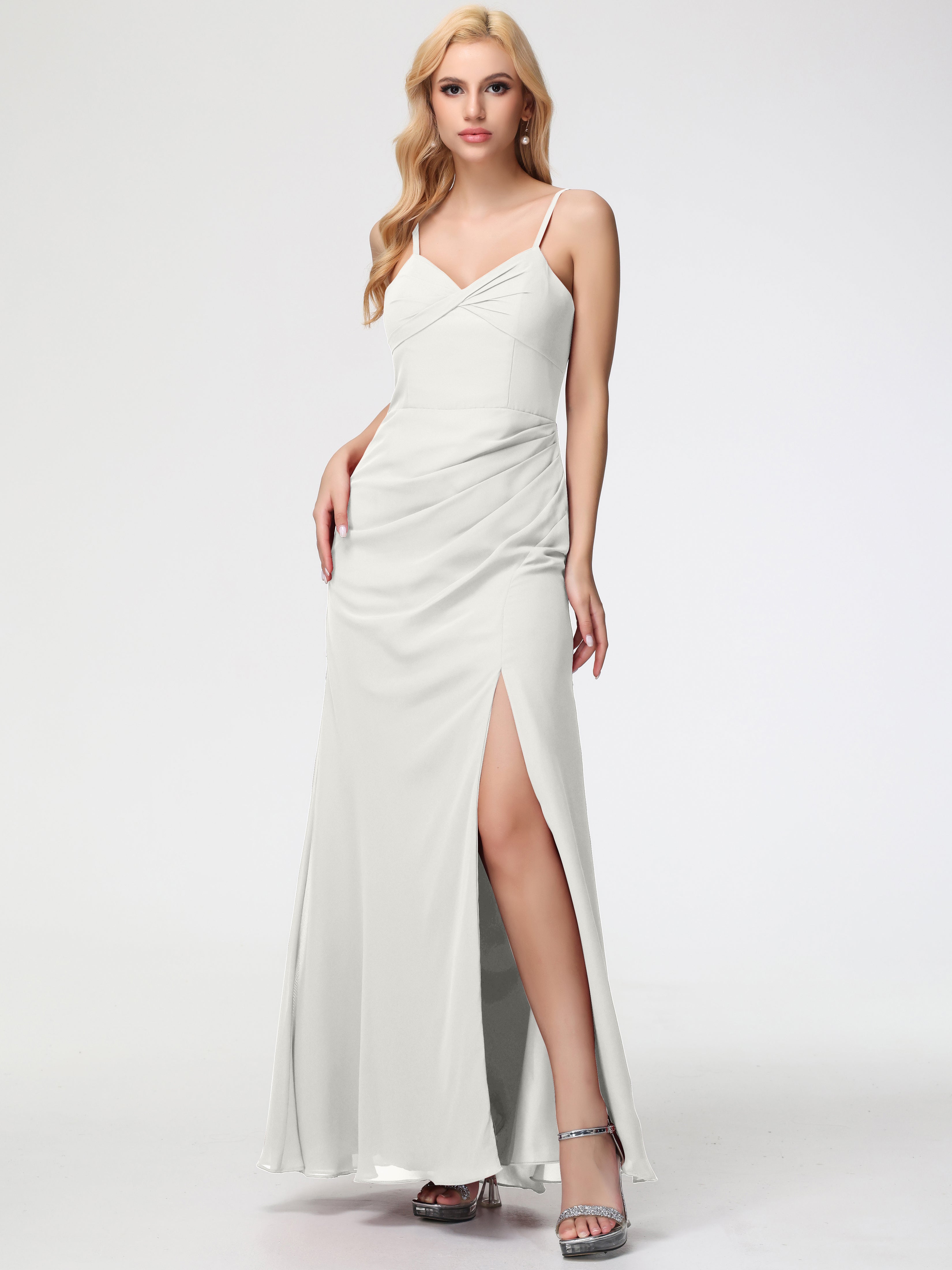 V-Neck Sheath/Column Sleeveless Spaghetti Straps Chiffon Bridesmaid Dresses With Split