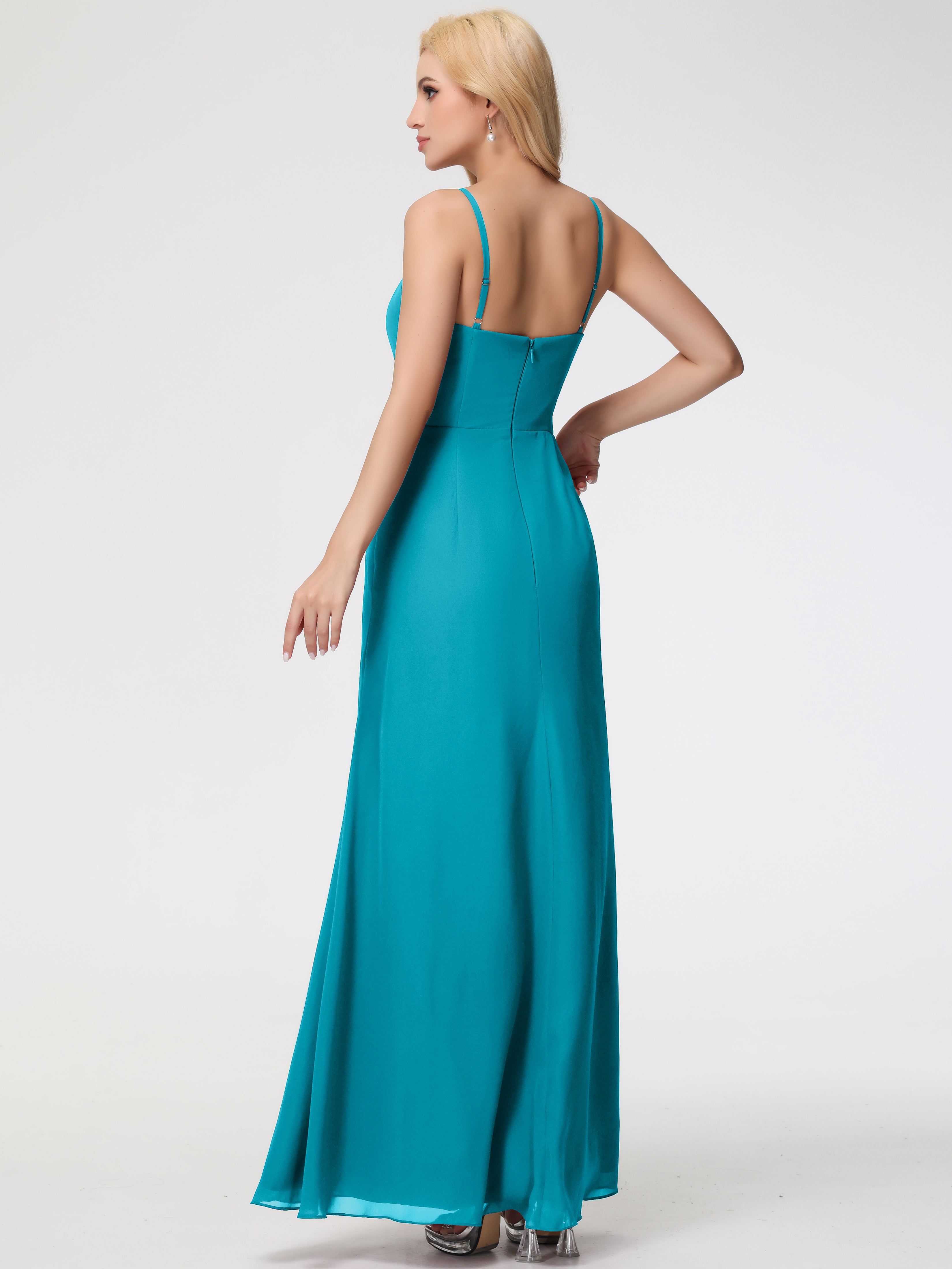 V-Neck Sheath/Column Sleeveless Spaghetti Straps Chiffon Bridesmaid Dresses With Split