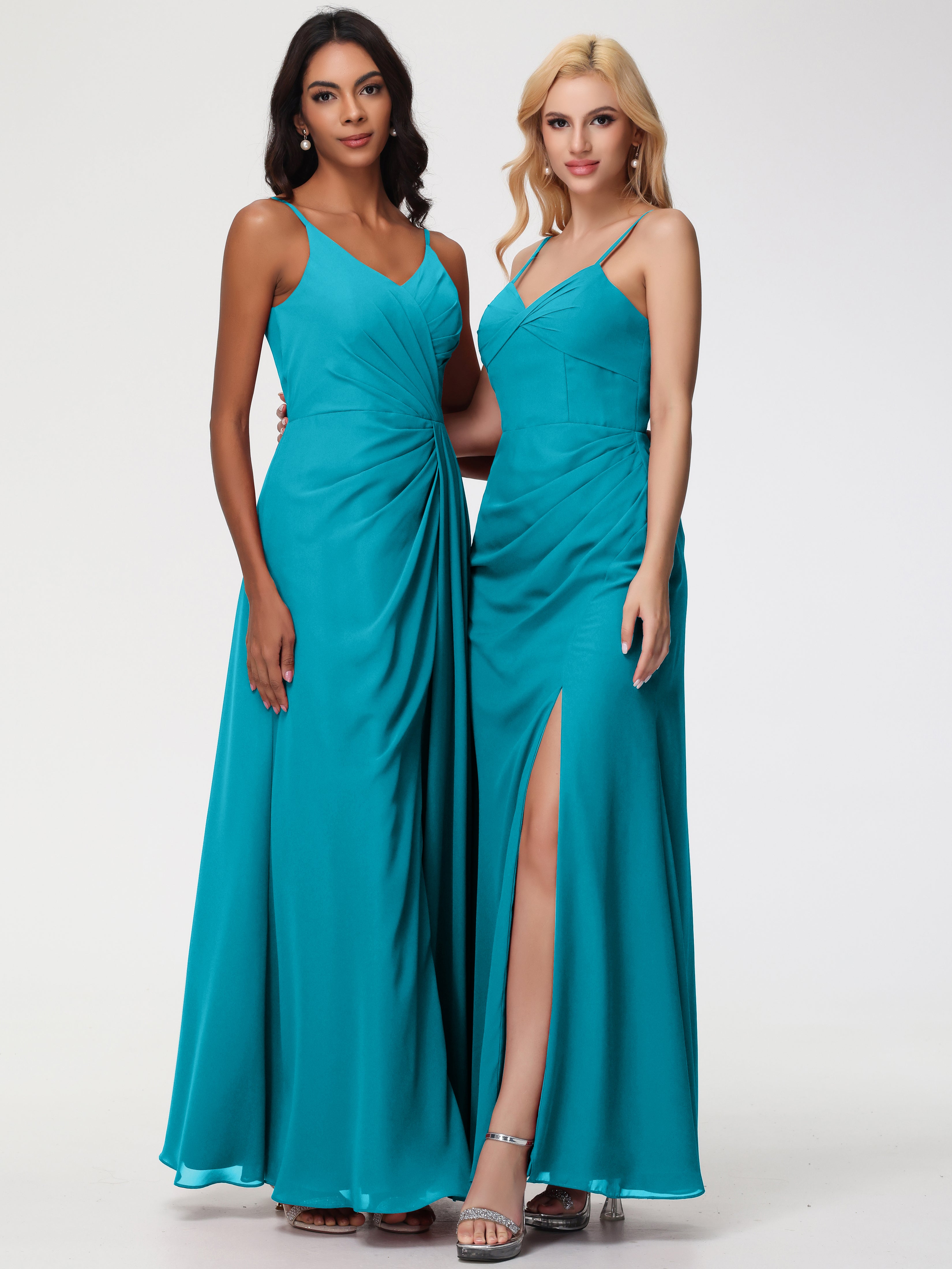 V-Neck Sheath/Column Sleeveless Spaghetti Straps Chiffon Bridesmaid Dresses With Split