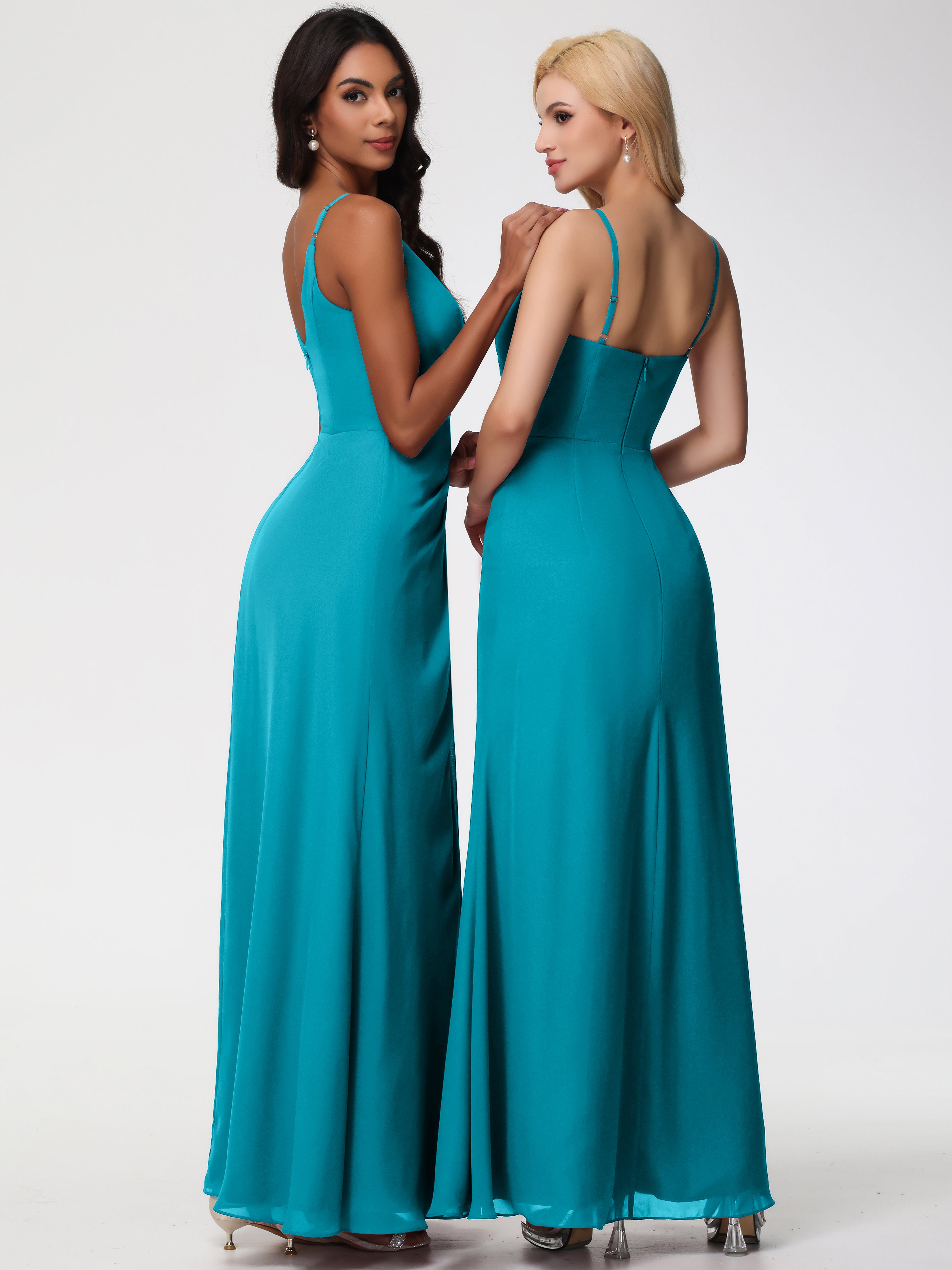 V-Neck Sheath/Column Sleeveless Spaghetti Straps Chiffon Bridesmaid Dresses With Split