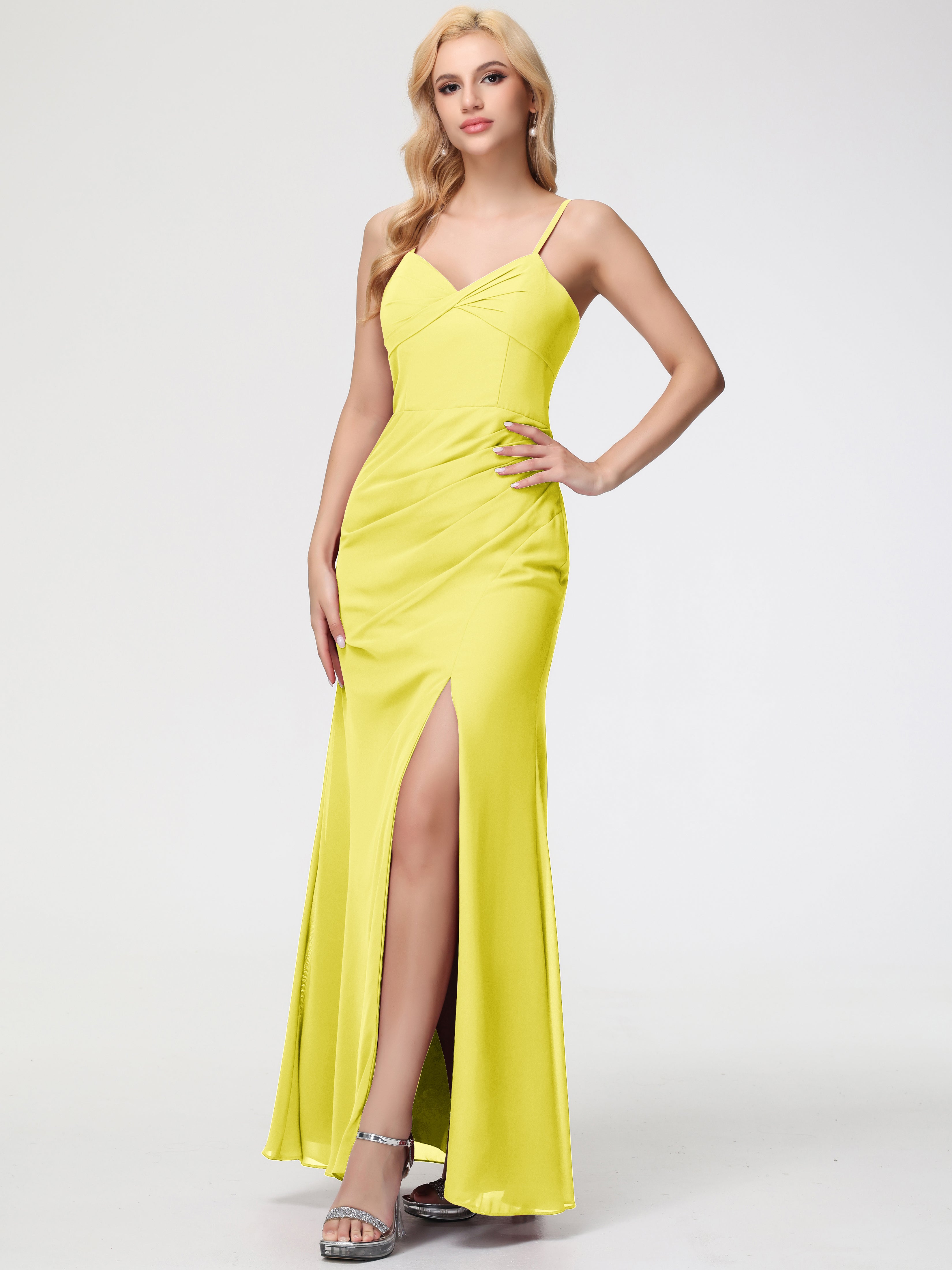 V-Neck Sheath/Column Sleeveless Spaghetti Straps Chiffon Bridesmaid Dresses With Split