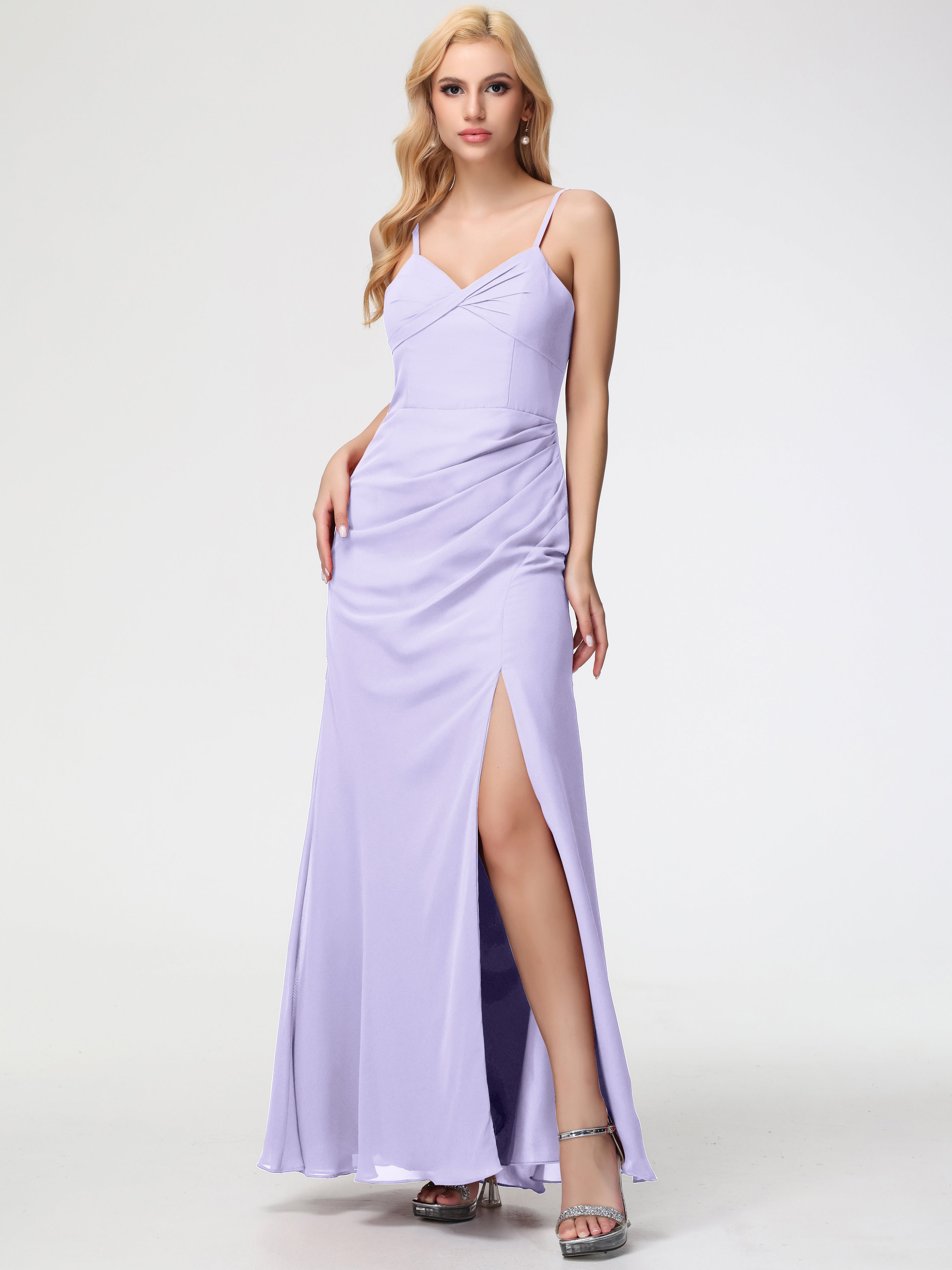 V-Neck Sheath/Column Sleeveless Spaghetti Straps Chiffon Bridesmaid Dresses With Split