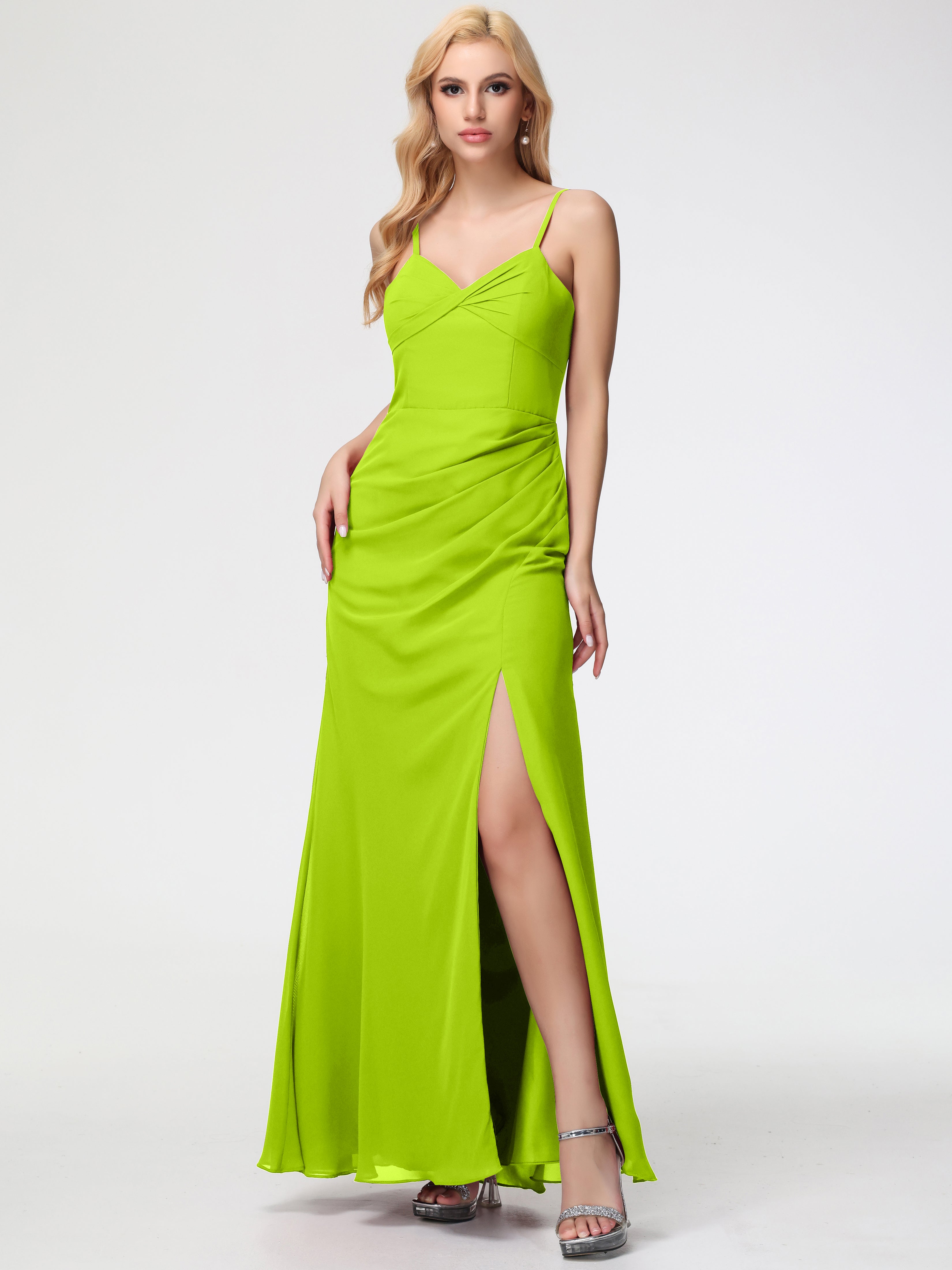 V-Neck Sheath/Column Sleeveless Spaghetti Straps Chiffon Bridesmaid Dresses With Split