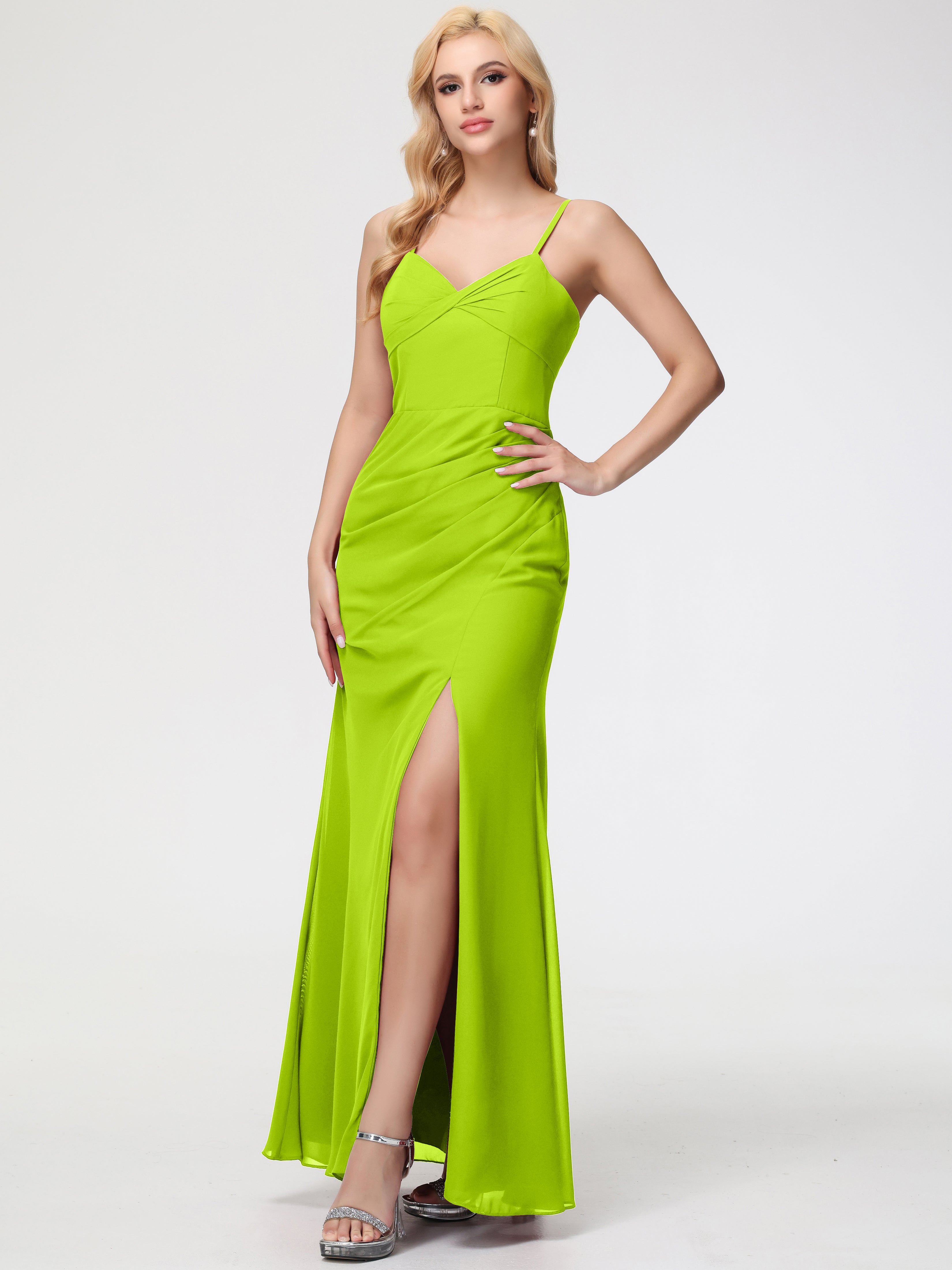 V-Neck Sheath/Column Sleeveless Spaghetti Straps Chiffon Bridesmaid Dresses With Split