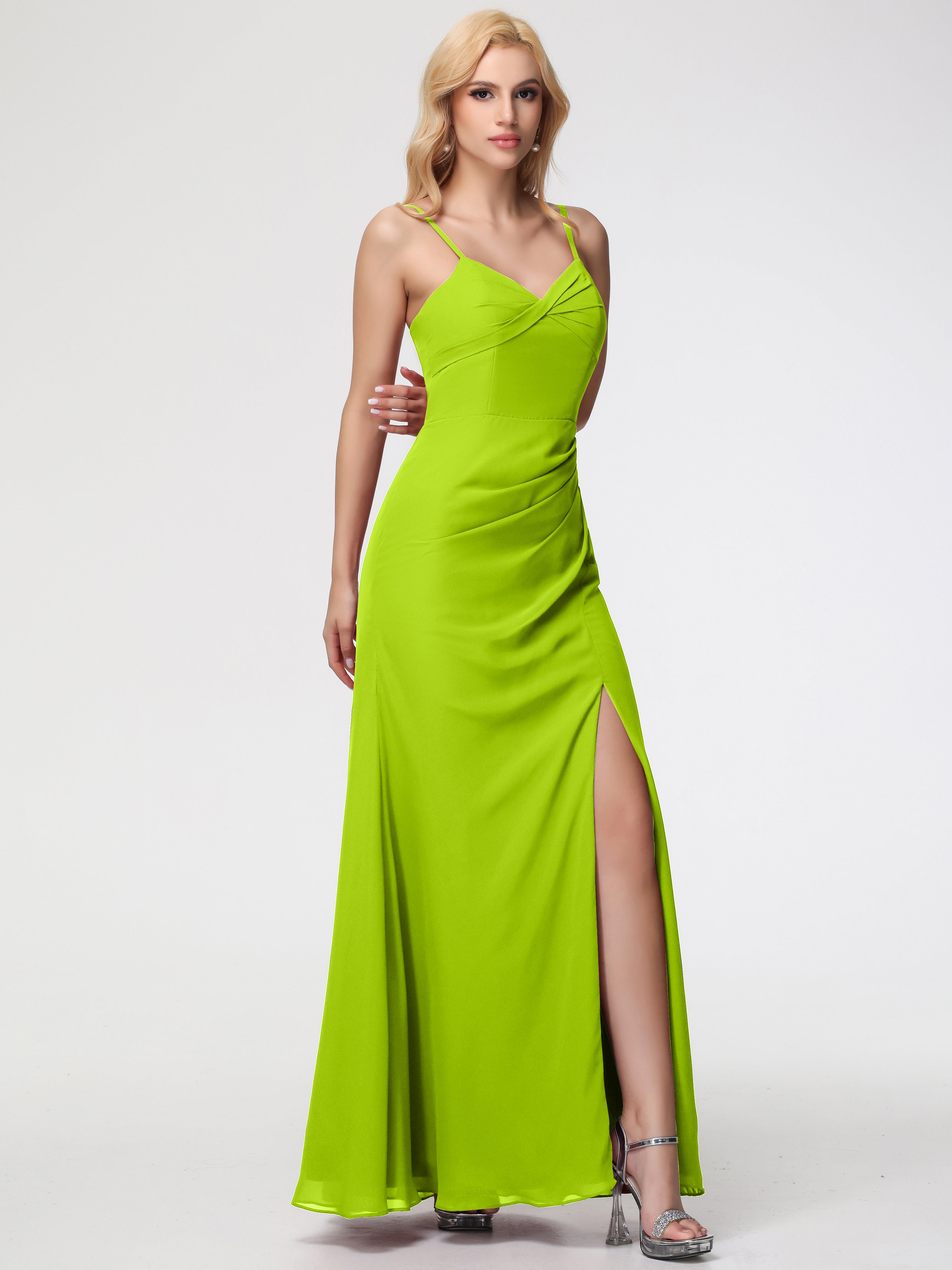 V-Neck Sheath/Column Sleeveless Spaghetti Straps Chiffon Bridesmaid Dresses With Split