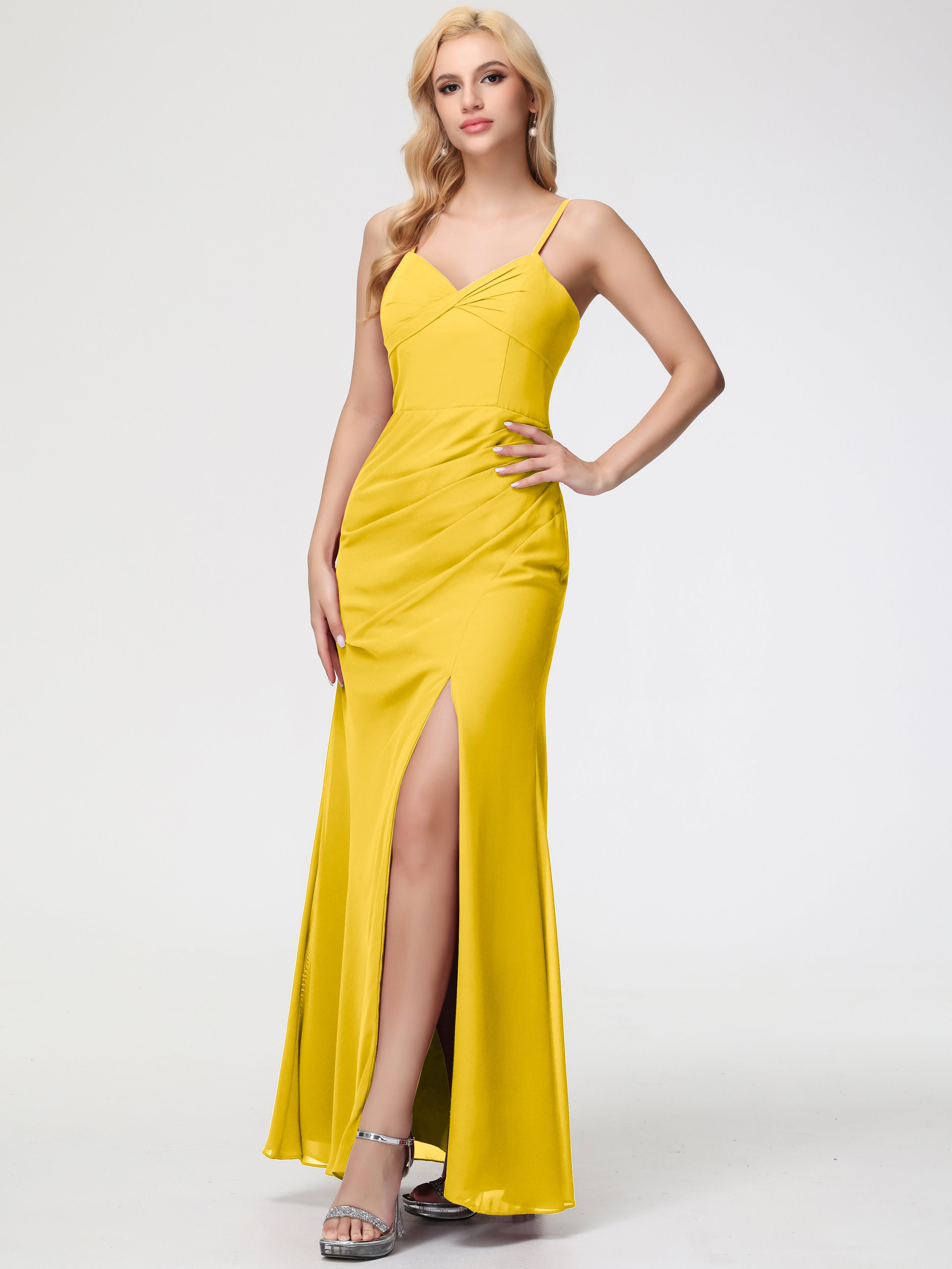 V-Neck Sheath/Column Sleeveless Spaghetti Straps Chiffon Bridesmaid Dresses With Split