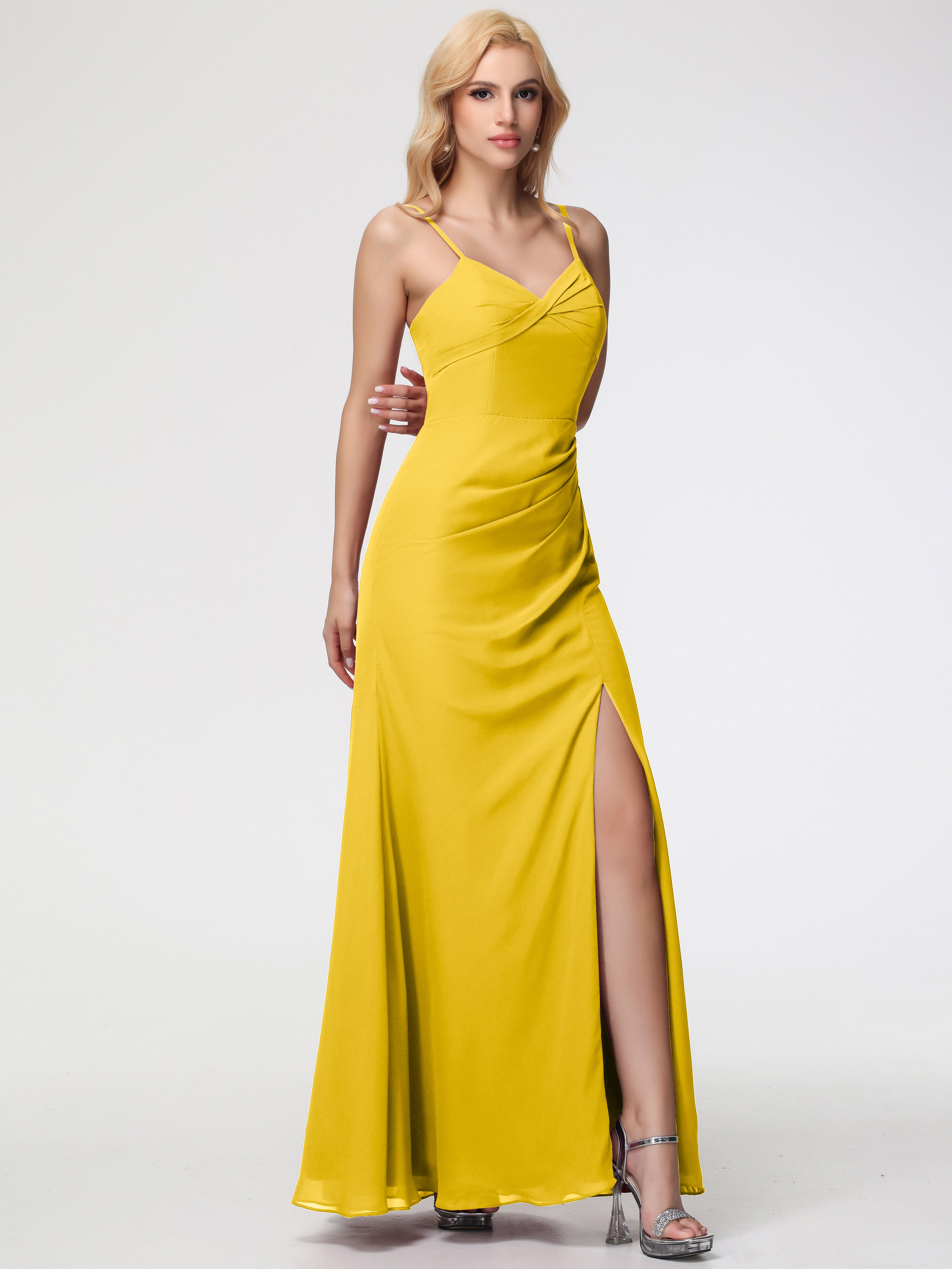 V-Neck Sheath/Column Sleeveless Spaghetti Straps Chiffon Bridesmaid Dresses With Split