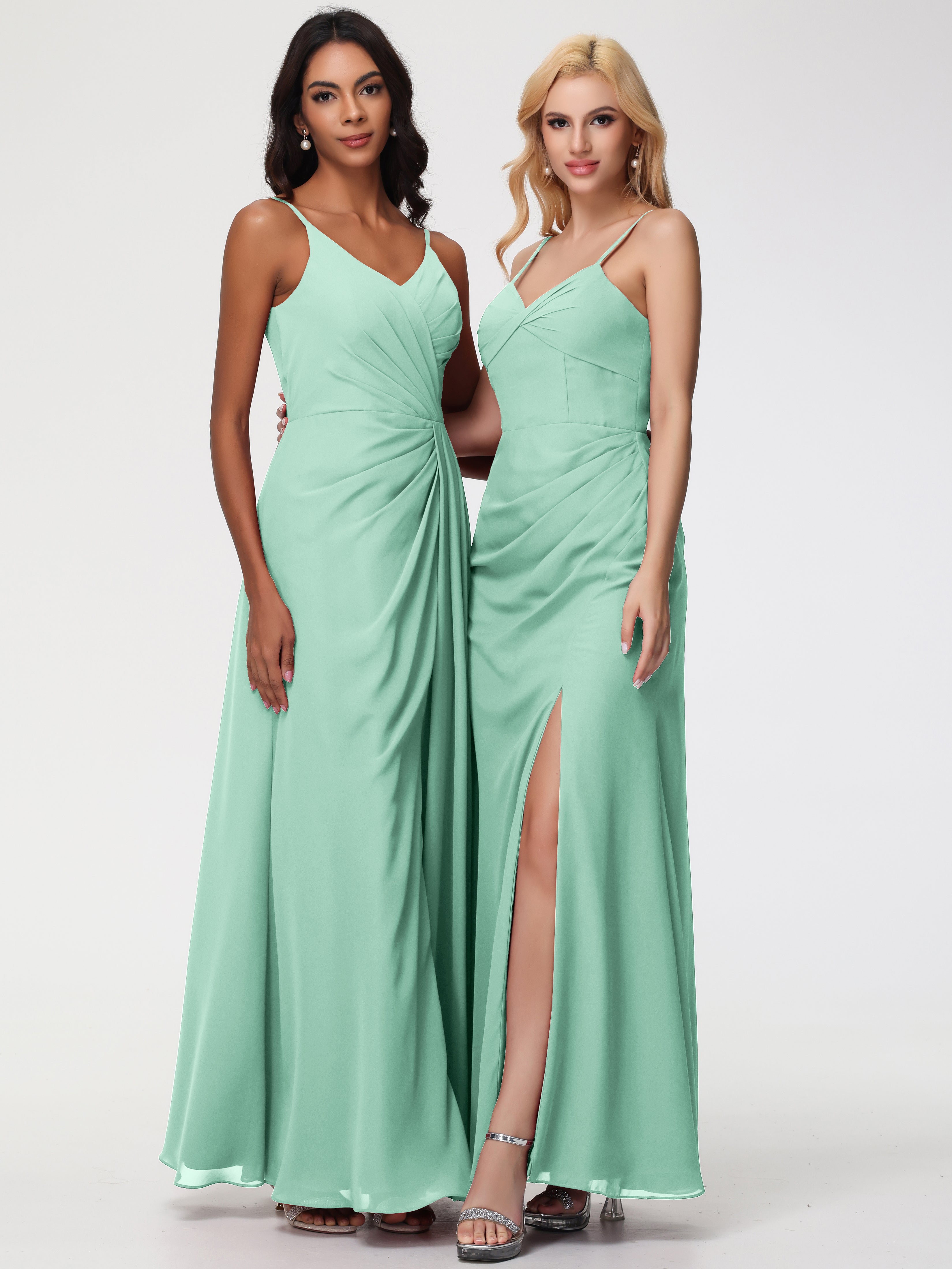 V-Neck Sheath/Column Sleeveless Spaghetti Straps Chiffon Bridesmaid Dresses With Split