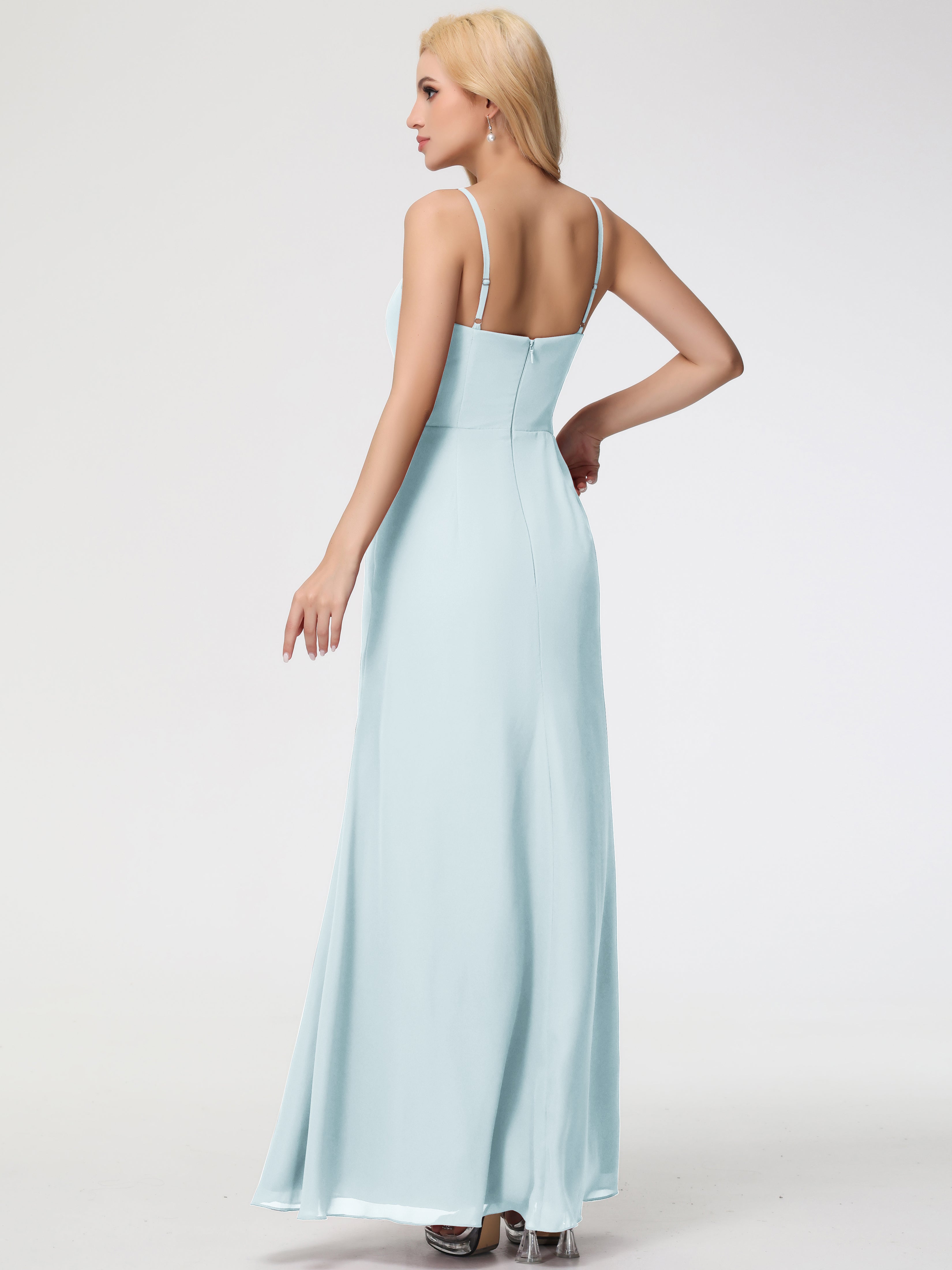 V-Neck Sheath/Column Sleeveless Spaghetti Straps Chiffon Bridesmaid Dresses With Split