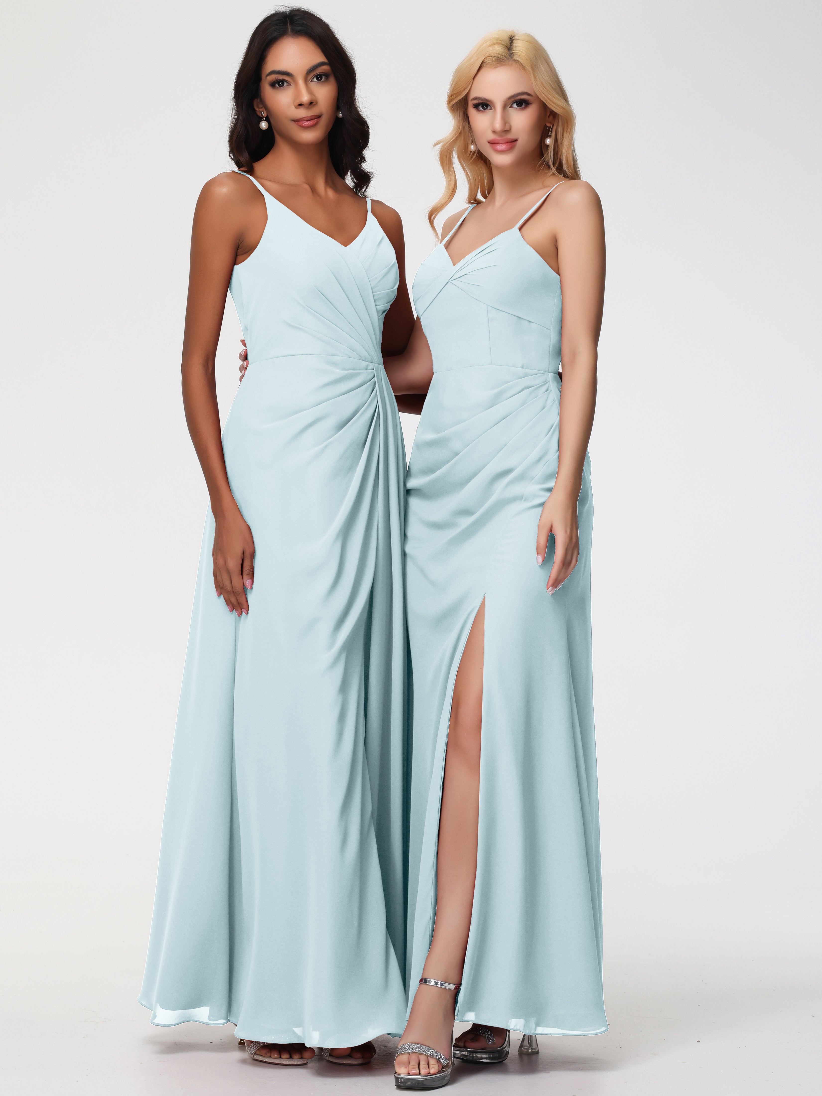 V-Neck Sheath/Column Sleeveless Spaghetti Straps Chiffon Bridesmaid Dresses With Split