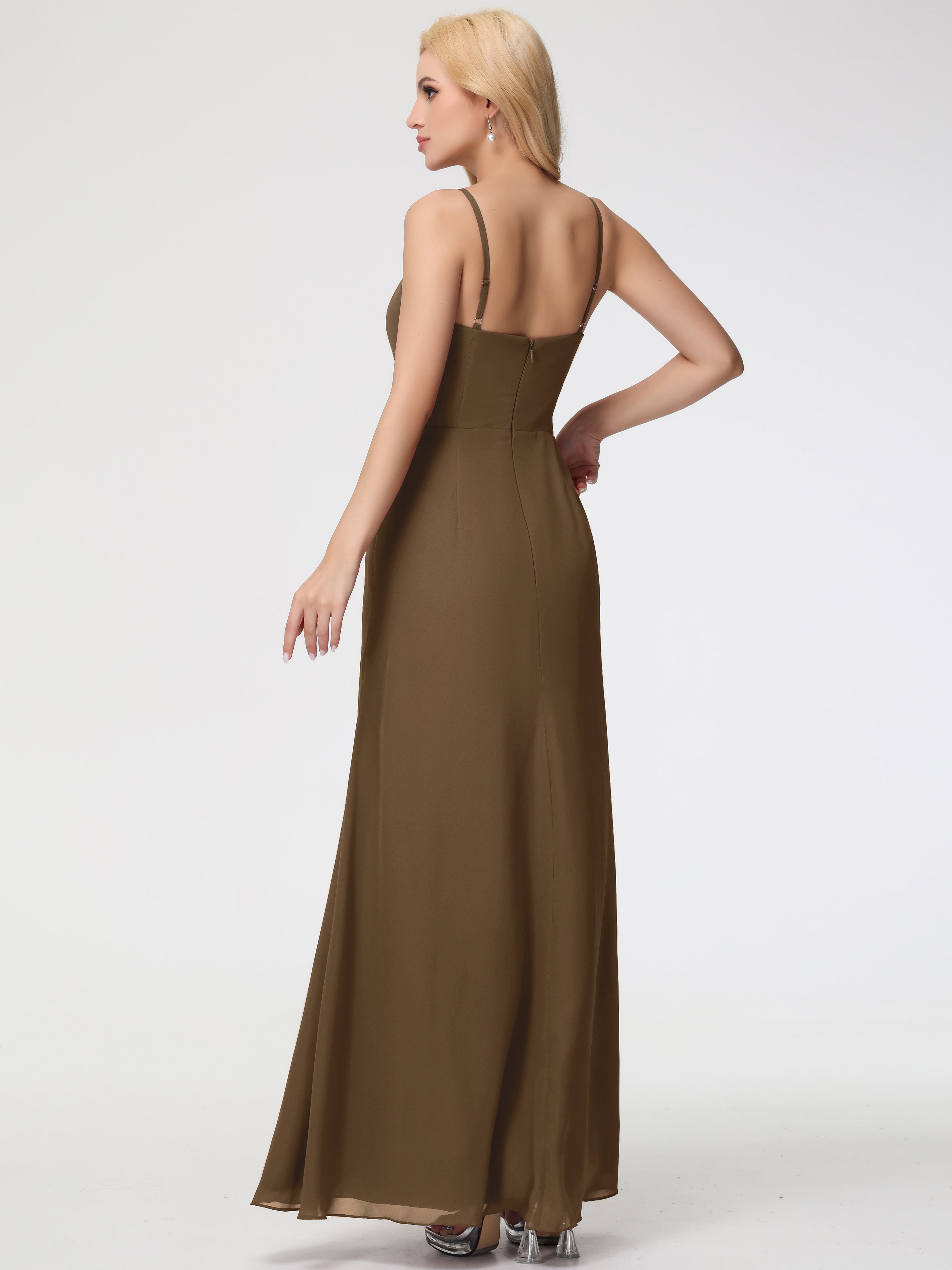 V-Neck Sheath/Column Sleeveless Spaghetti Straps Chiffon Bridesmaid Dresses With Split
