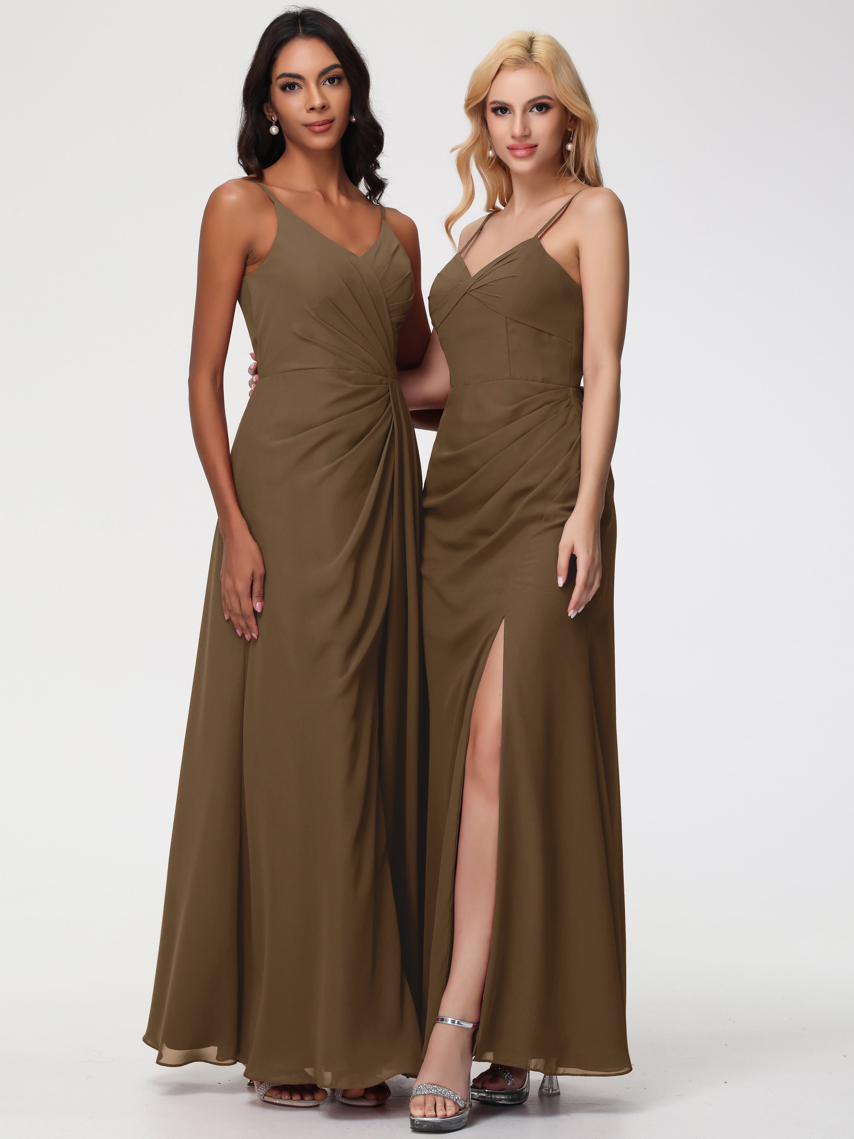 V-Neck Sheath/Column Sleeveless Spaghetti Straps Chiffon Bridesmaid Dresses With Split