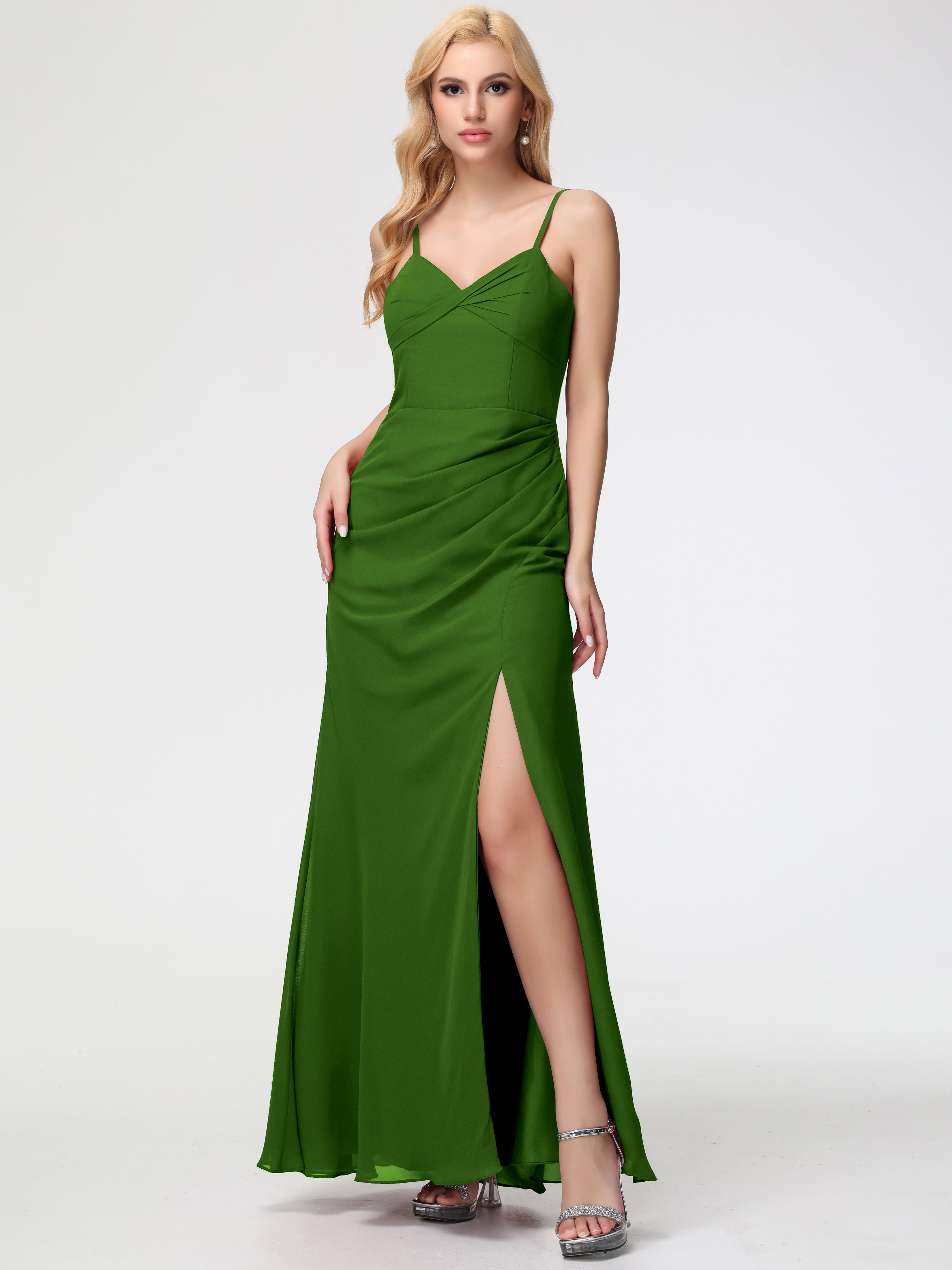 V-Neck Sheath/Column Sleeveless Spaghetti Straps Chiffon Bridesmaid Dresses With Split