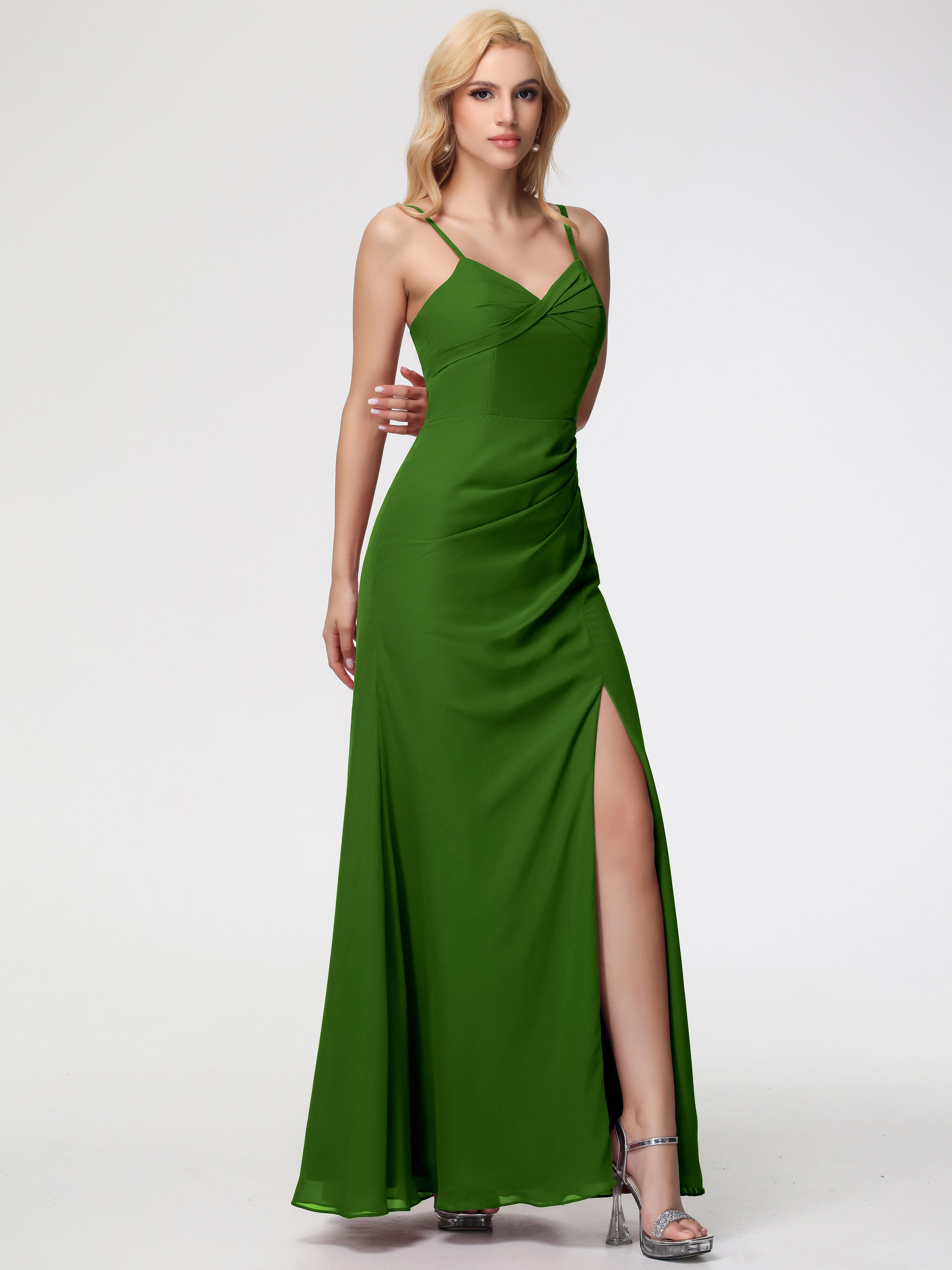 V-Neck Sheath/Column Sleeveless Spaghetti Straps Chiffon Bridesmaid Dresses With Split