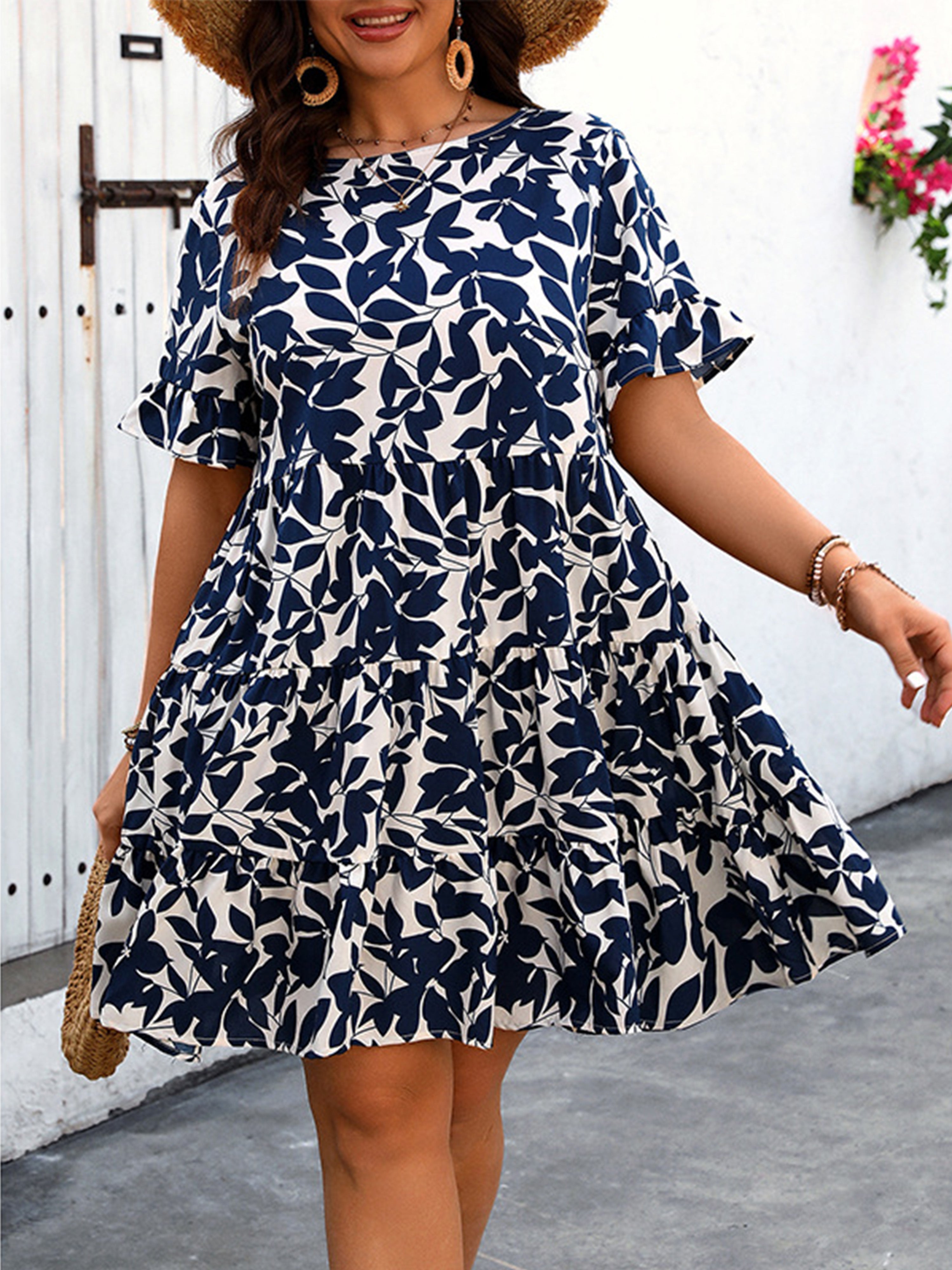 Dark Navy Printed Floral Short Sleeves Knee Length Plus Size Dress