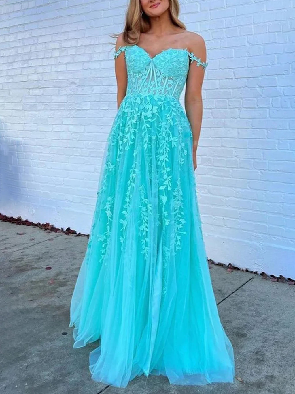Turquoise Prom Dresses Off the Shoulder Sweetheart A-line Lace Appliqu