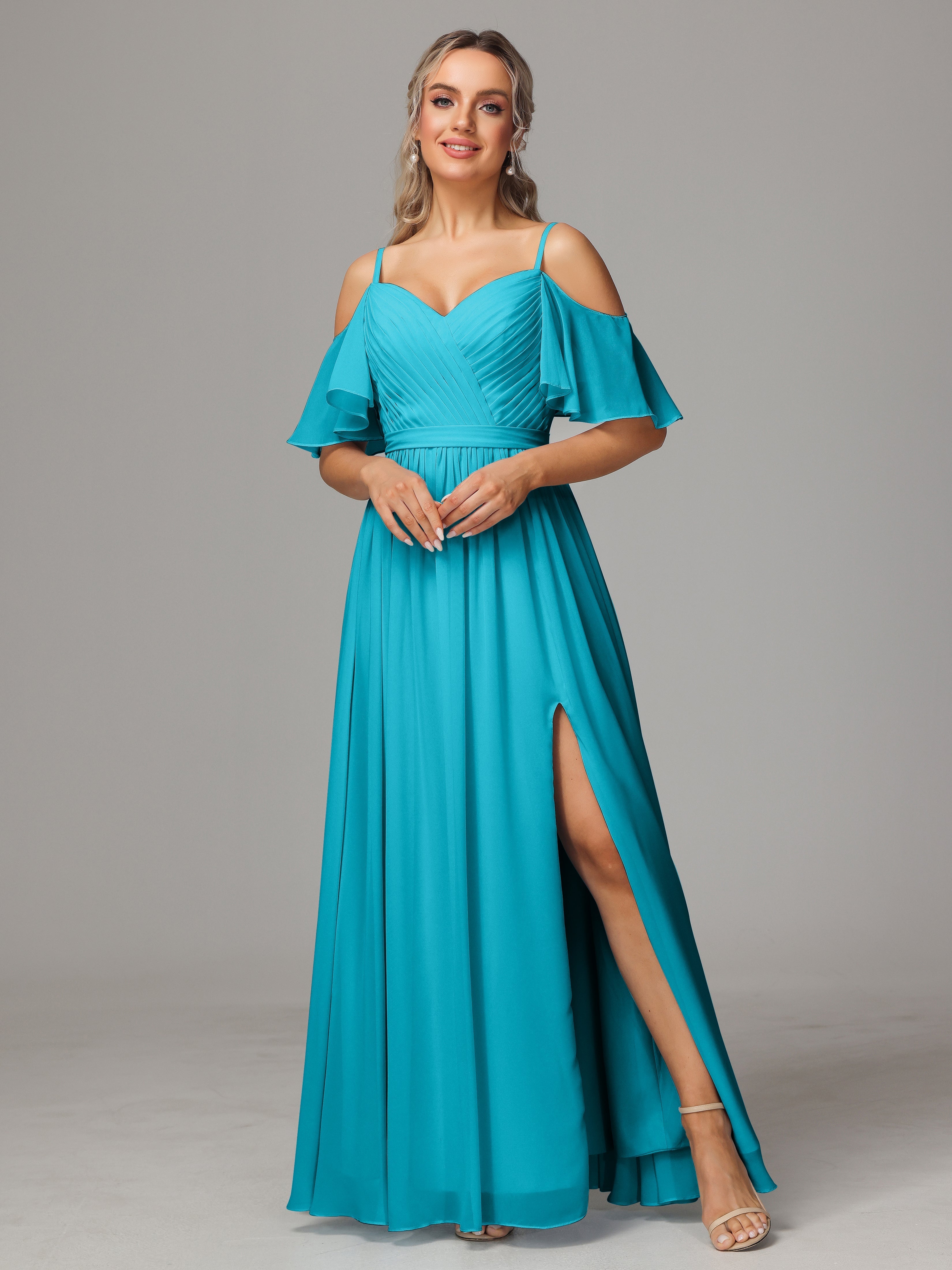 Slate Blue Bridesmaid Dresses Sweetheart Off The Shoulder Long Chiffon Bridesmaid Dresses