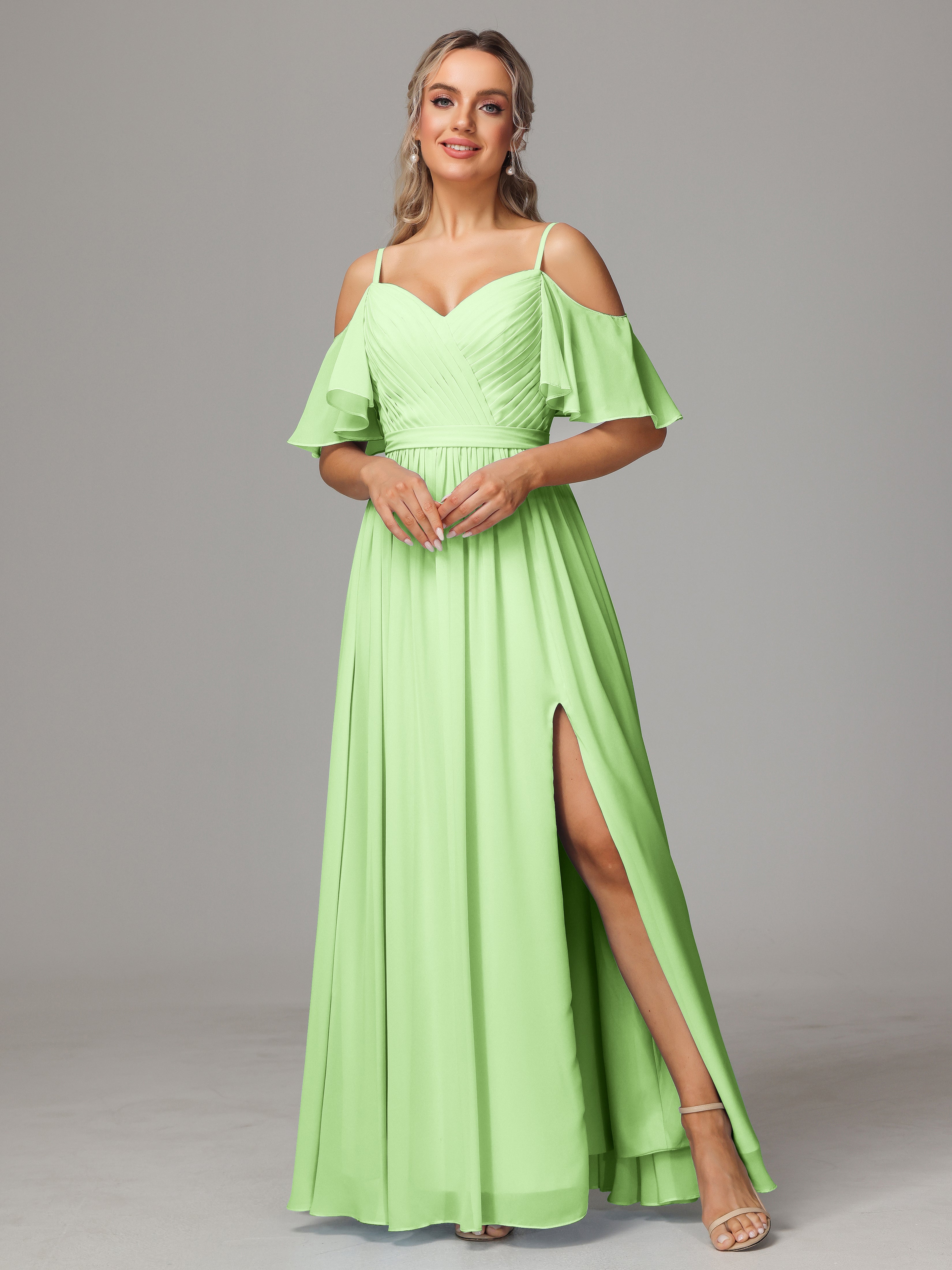 Olive Green Bridesmaid Dresses Sweetheart Off The Shoulder Long Chiffon Bridesmaid Dresses