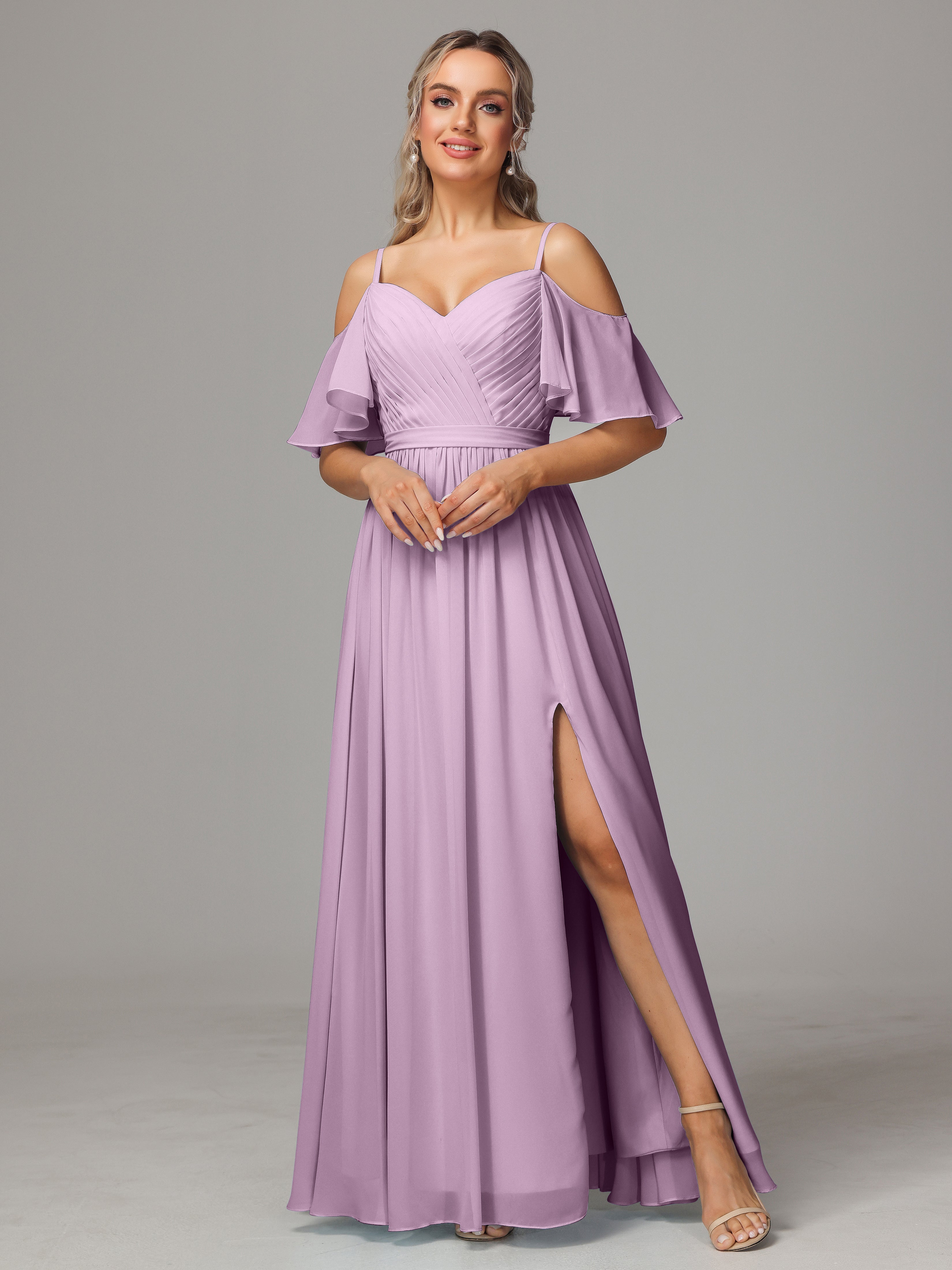 Flamingo Pink Bridesmaid Dresses Sweetheart Off The Shoulder Long Chiffon Bridesmaid Dresses