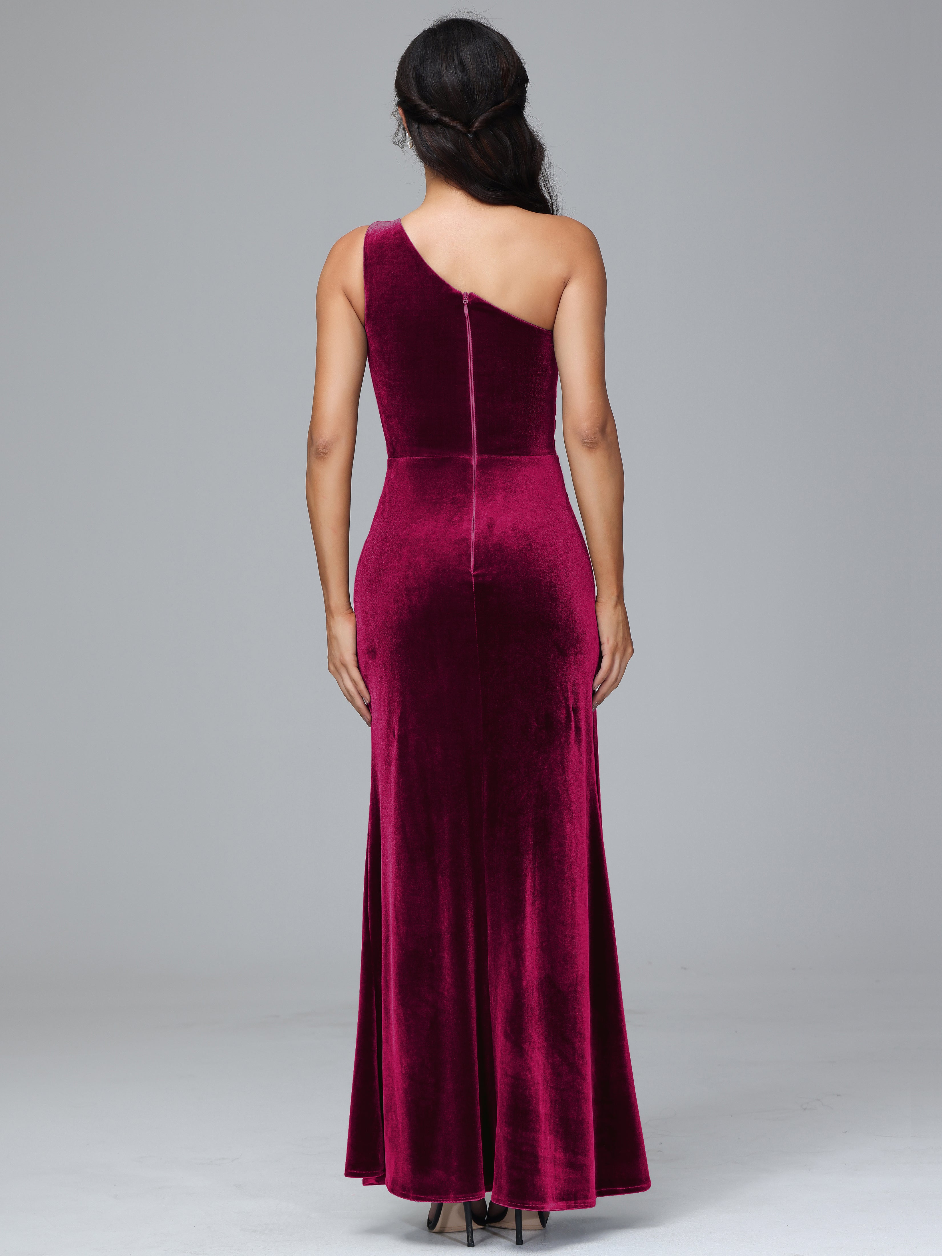 One Shoulder Pleats Long Velvet Bridesmaid Dresses With Split