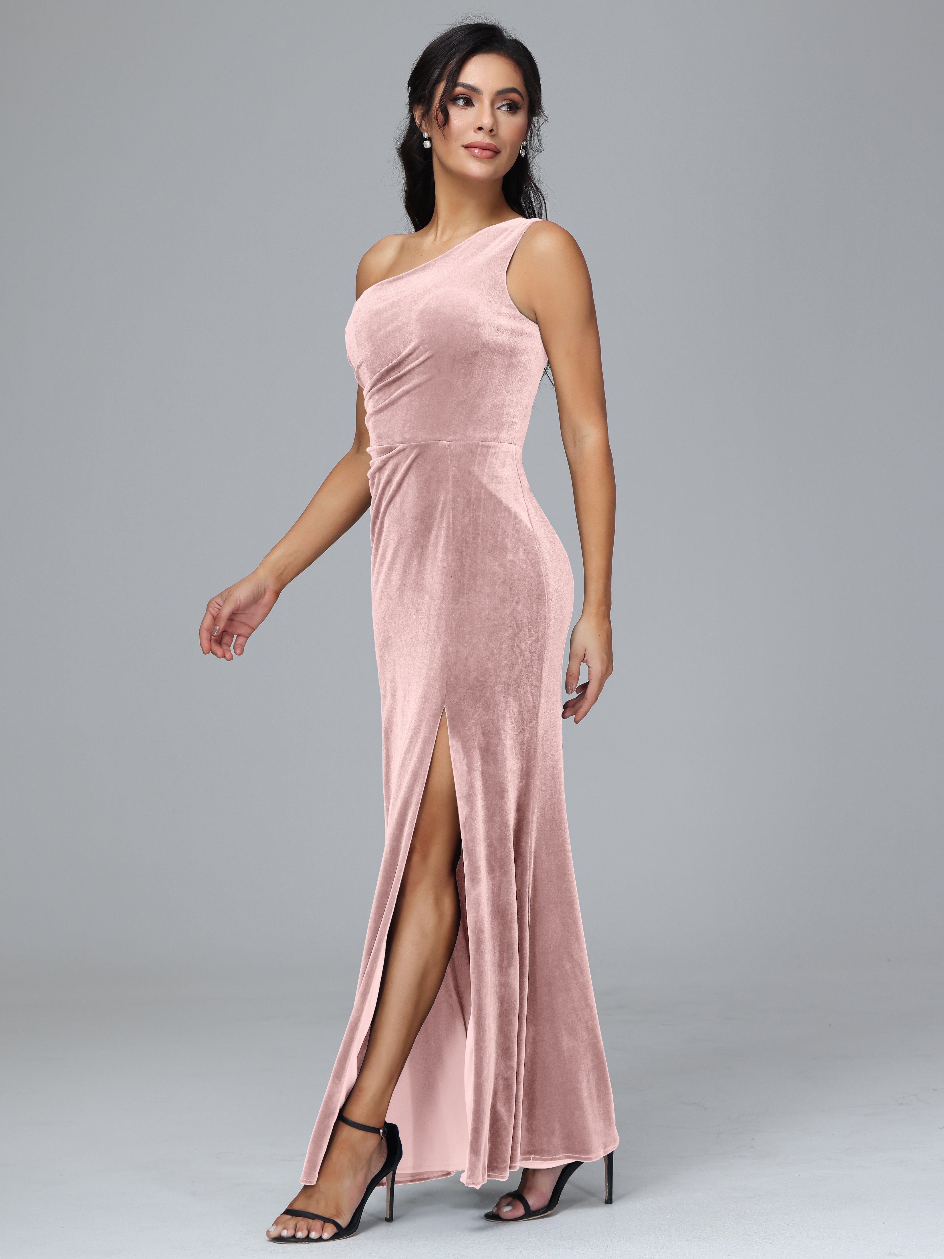 One Shoulder Pleats Long Velvet Bridesmaid Dresses With Split