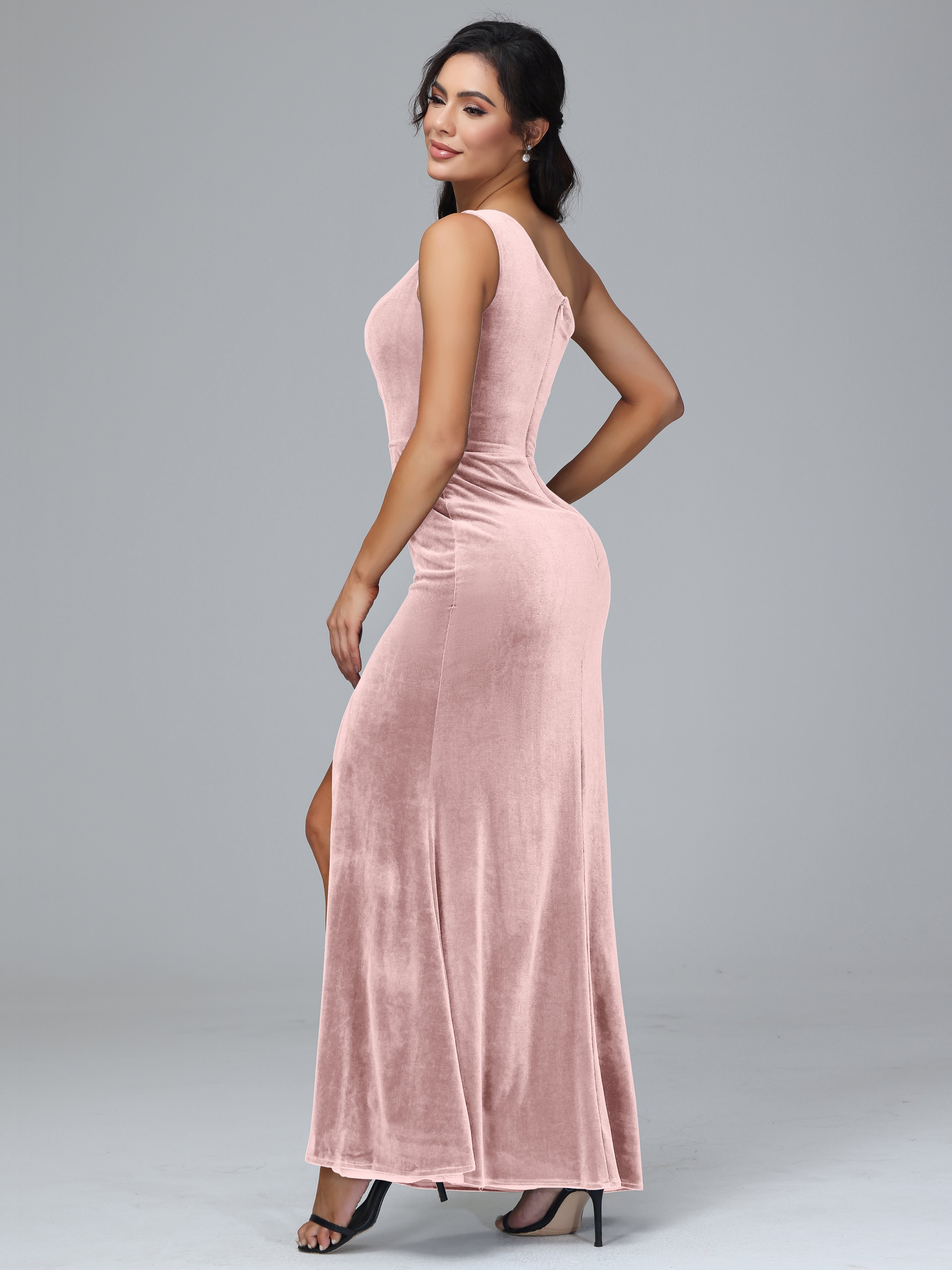 One Shoulder Pleats Long Plus Size Bridesmaid Dresses With Split