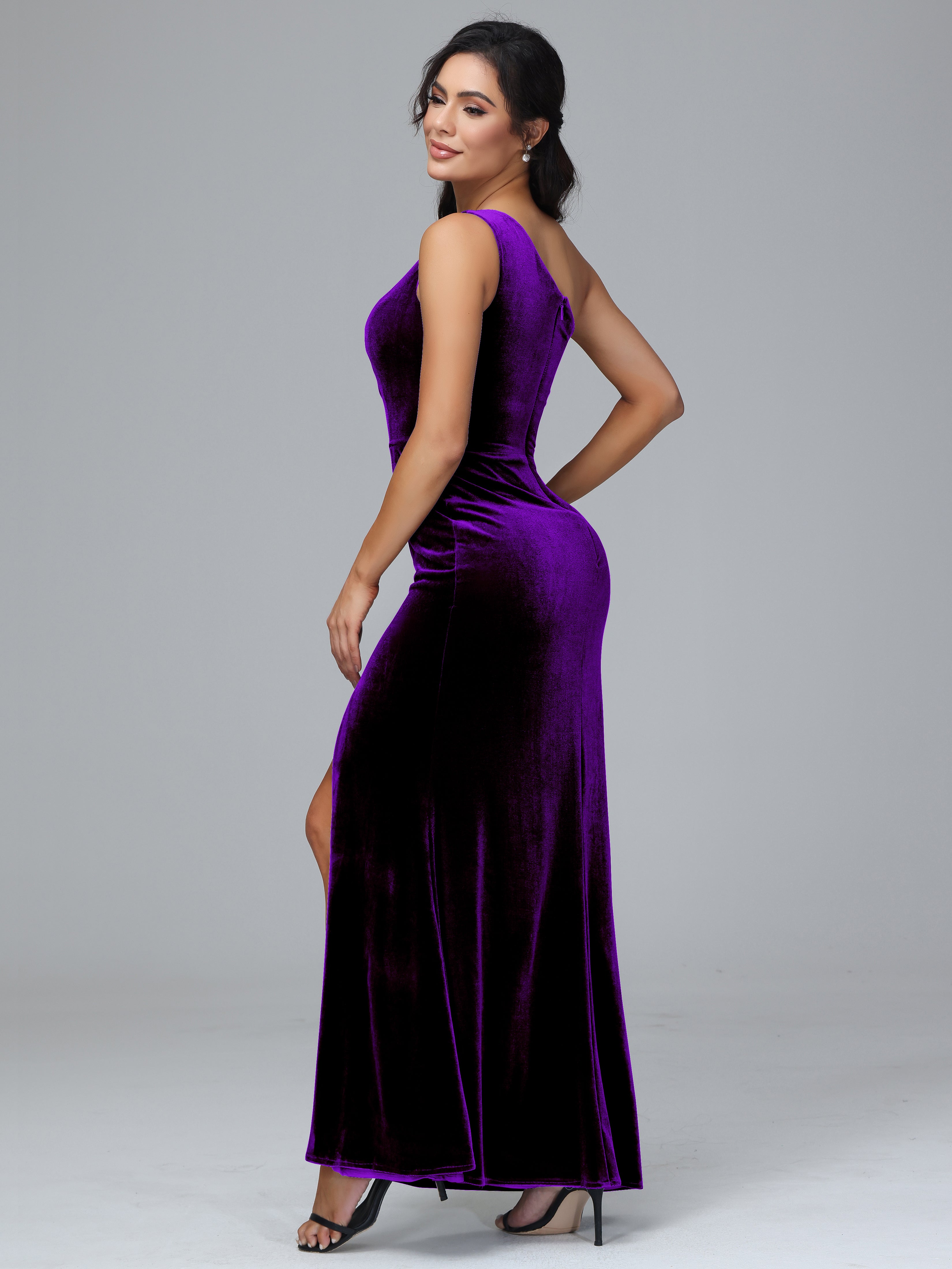 One Shoulder Pleats Long Velvet Bridesmaid Dresses With Split