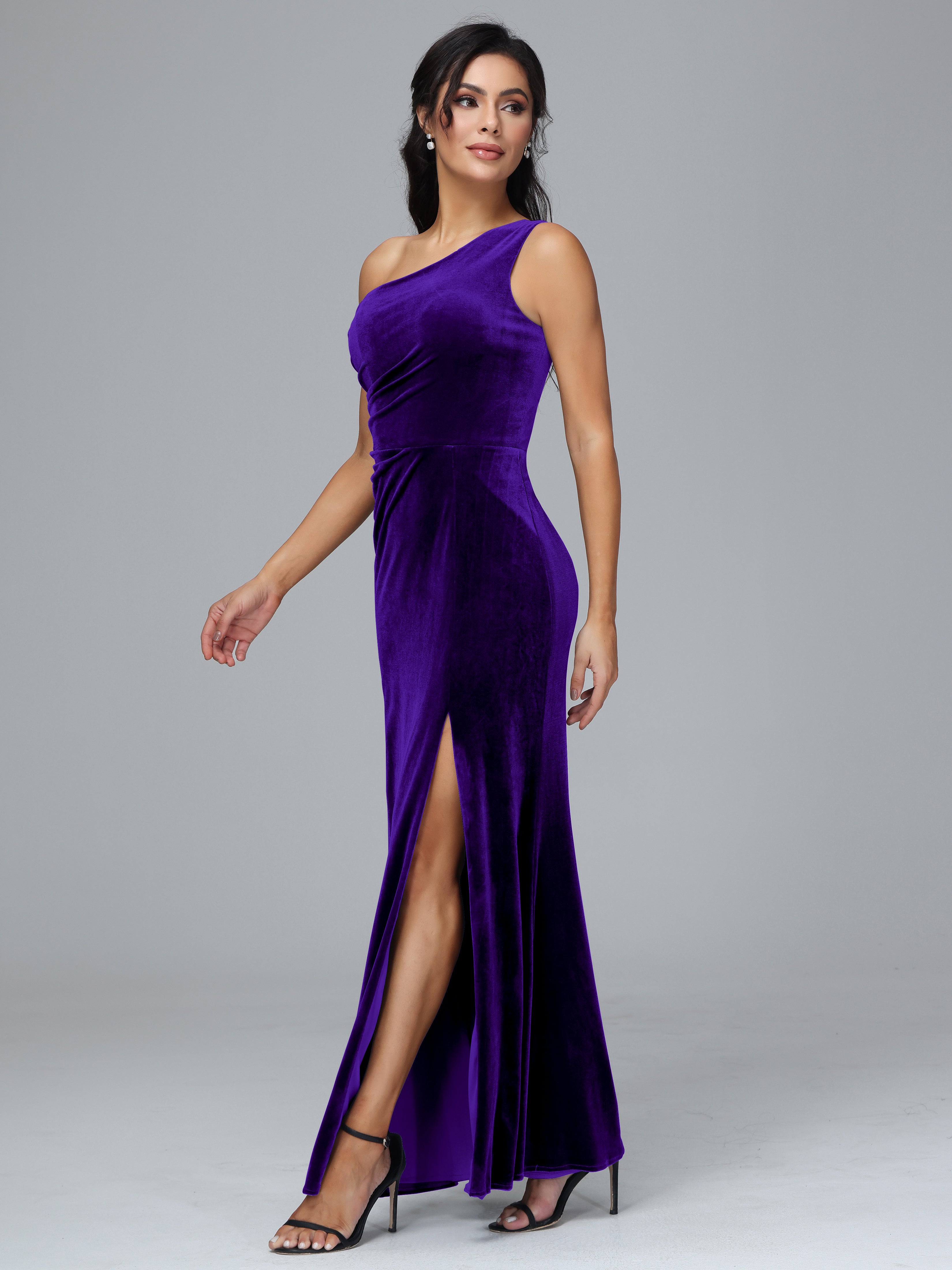 One Shoulder Pleats Long Velvet Bridesmaid Dresses With Split